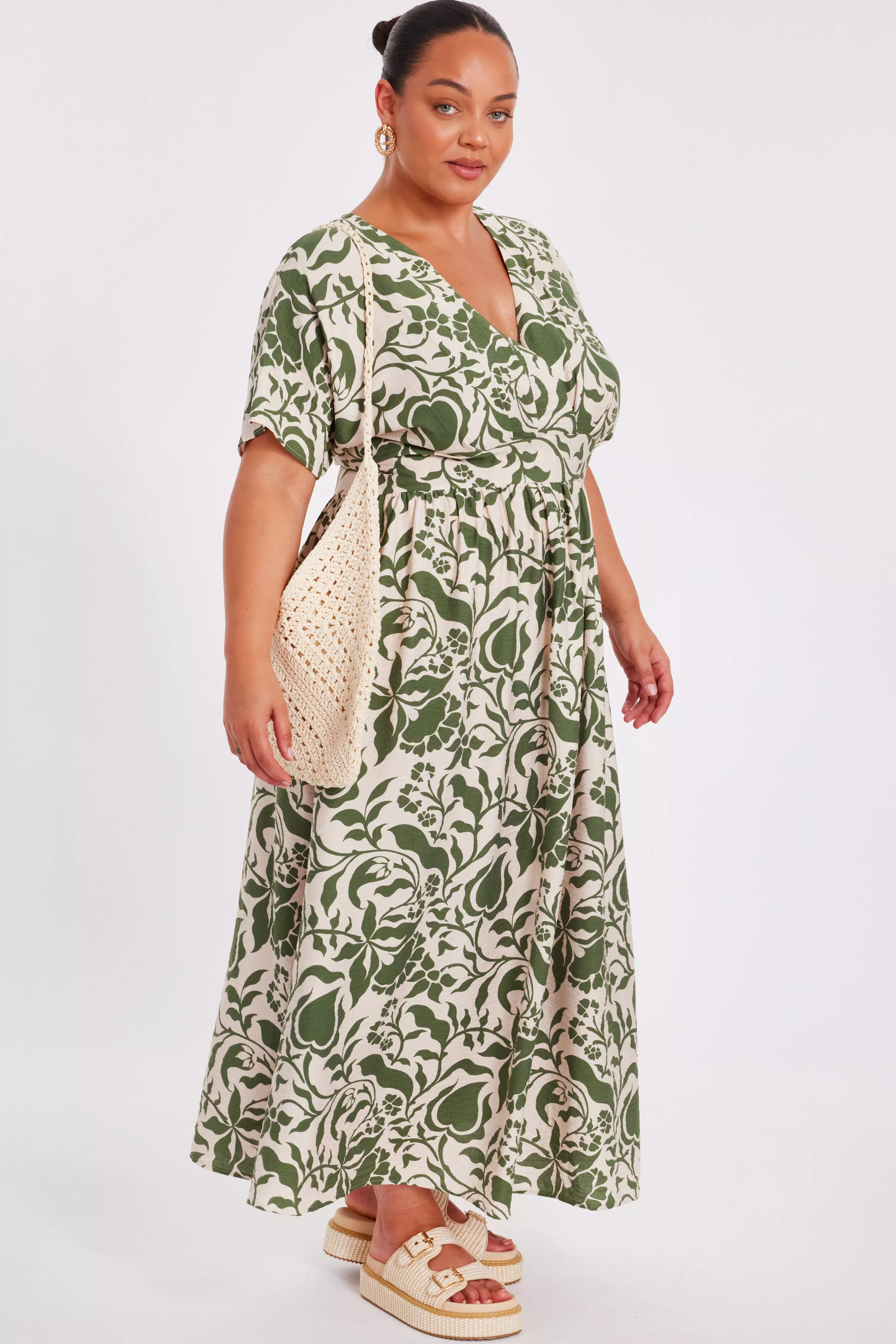 Curve Khaki Tropical Print Midaxi Dress