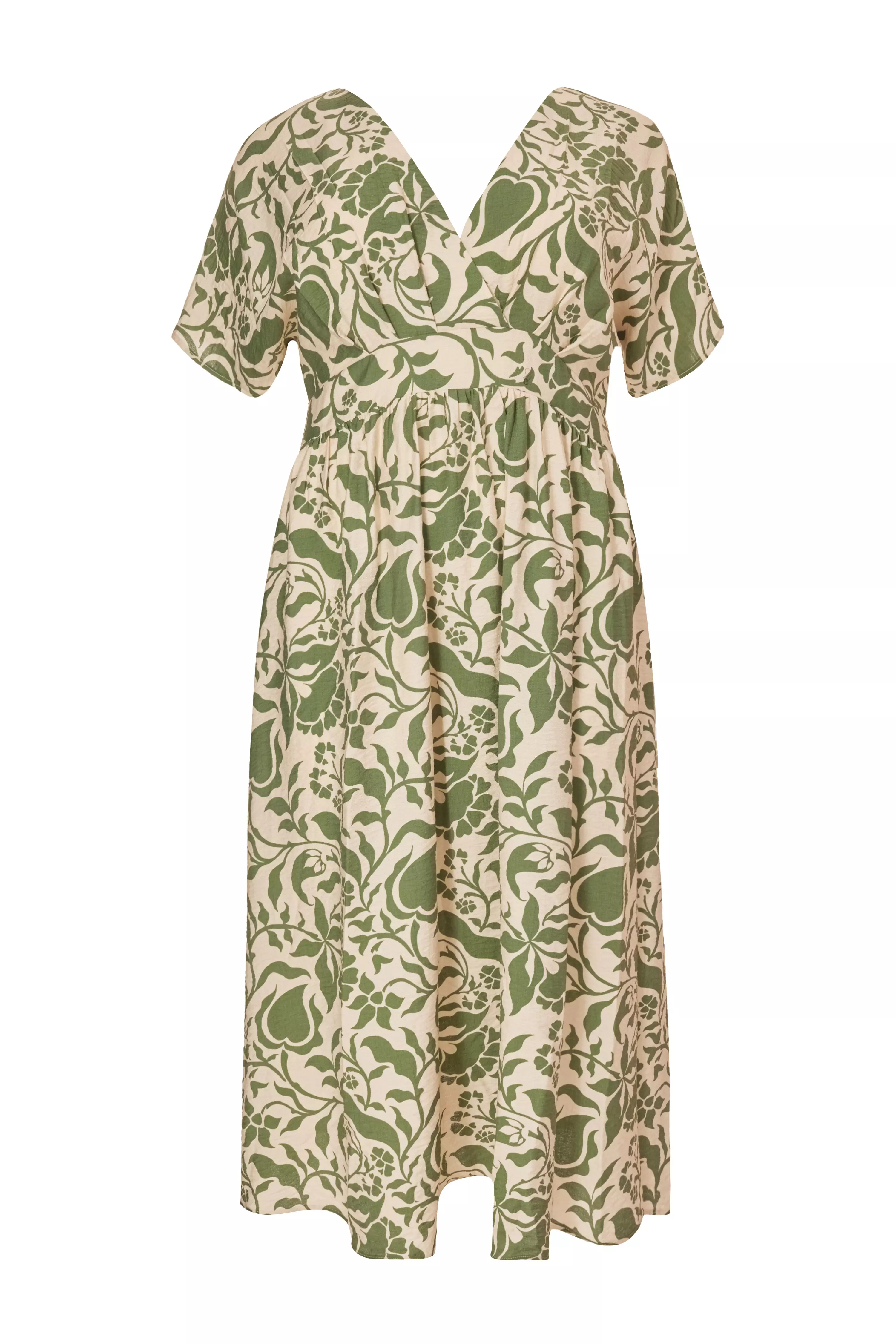 Curve Khaki Tropical Print Midaxi Dress