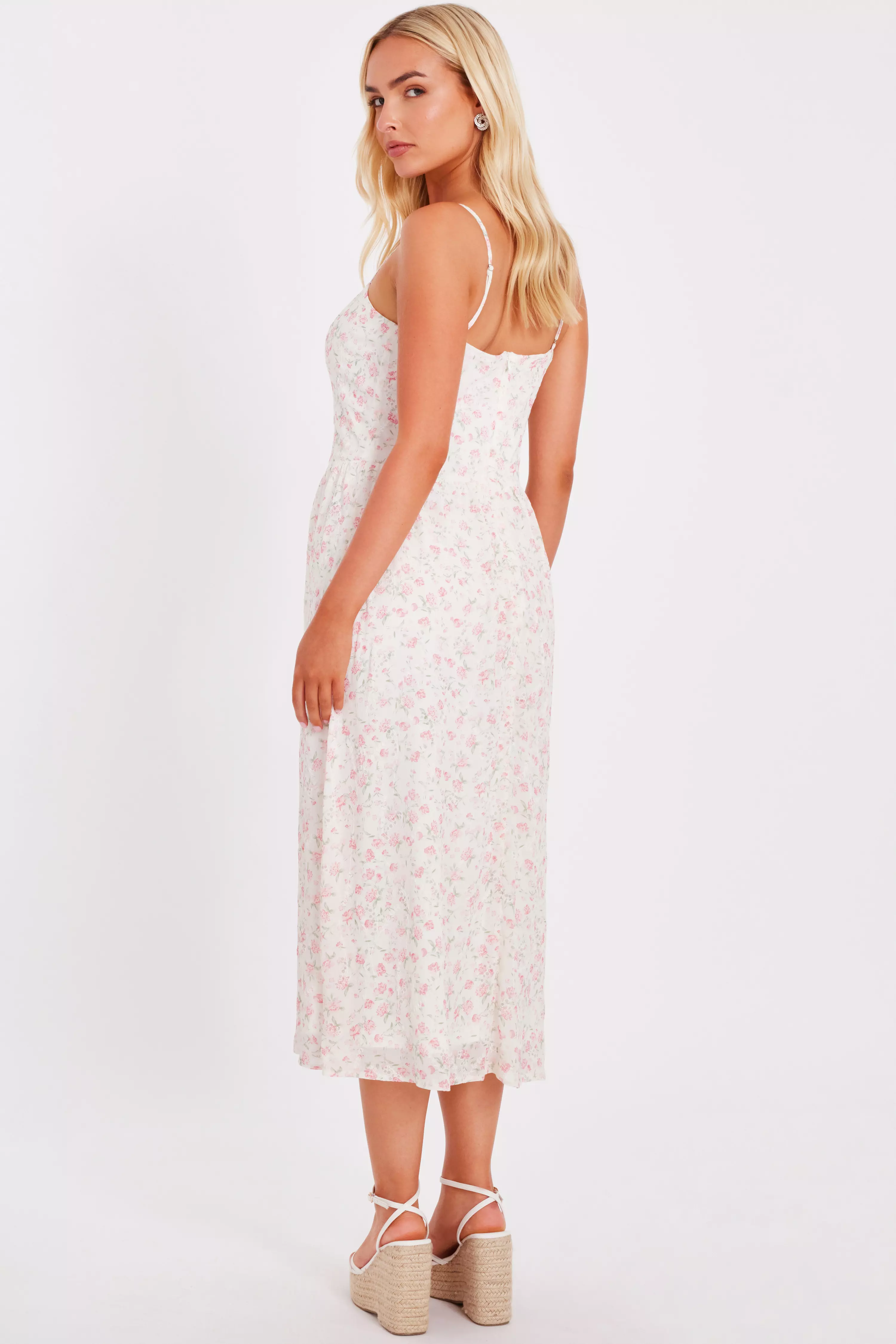 White Chiffon Floral Midi Dress