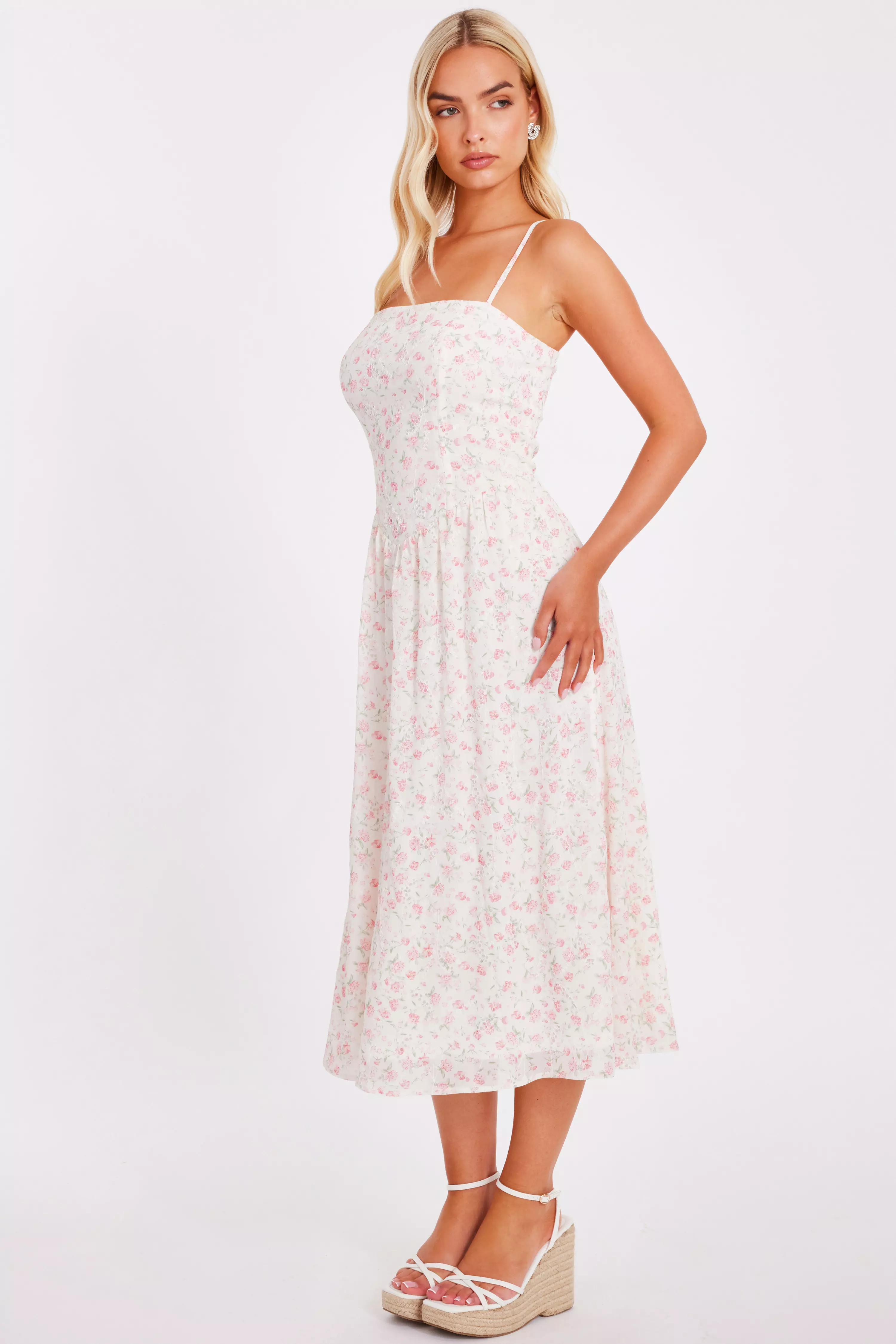 White Chiffon Floral Midi Dress