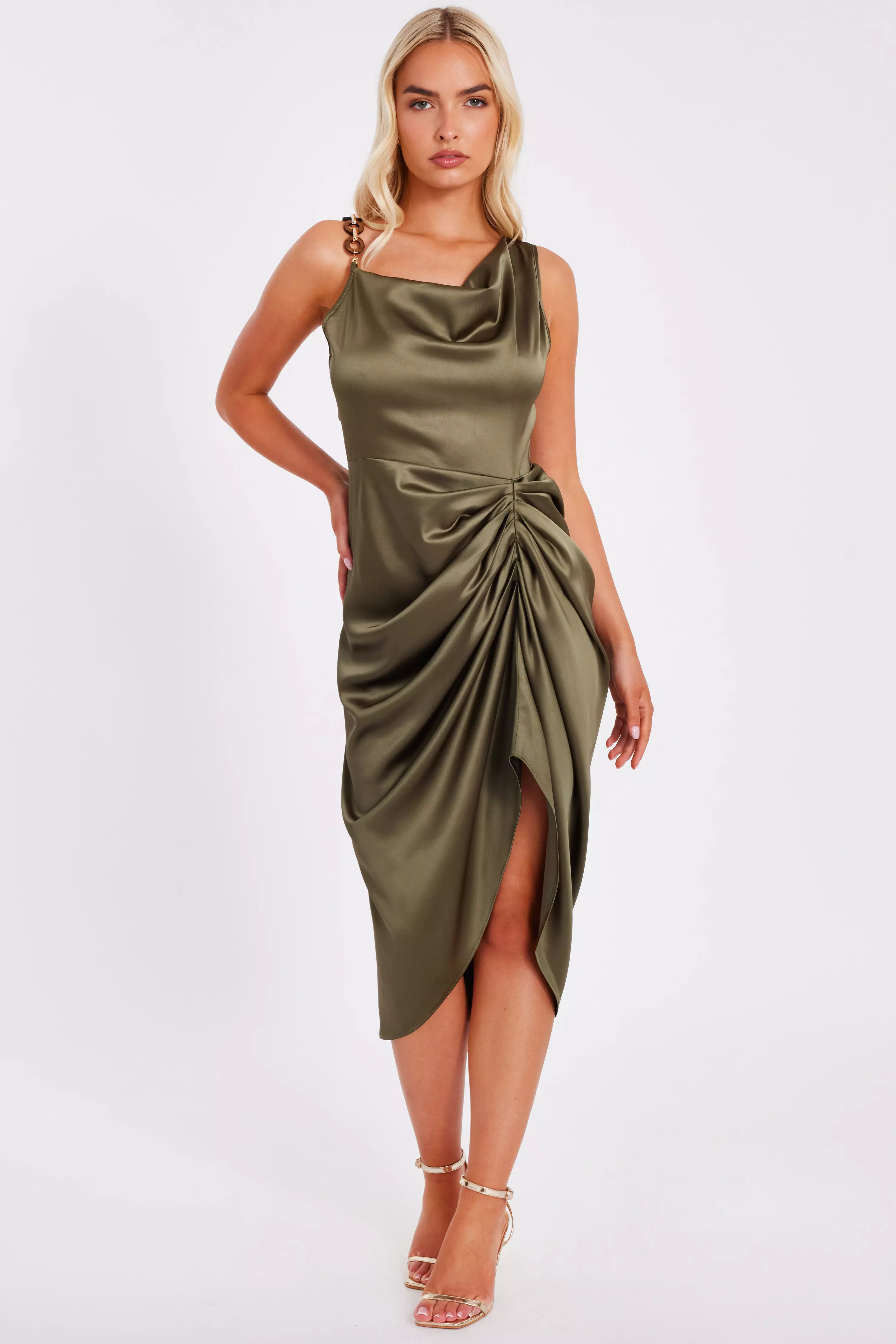 Khaki Satin Ruched Midi Dress