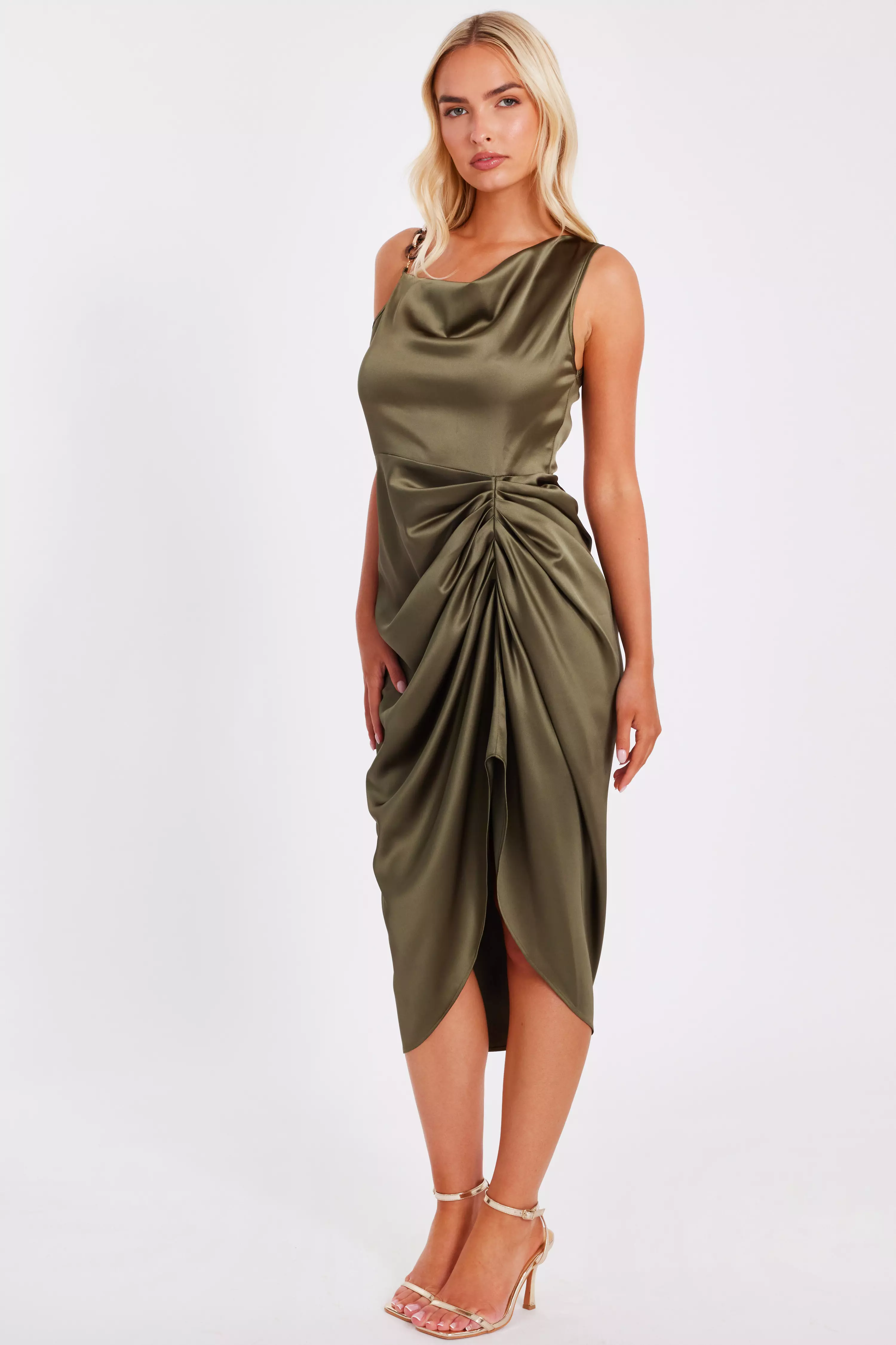 Khaki Satin Ruched Midi Dress