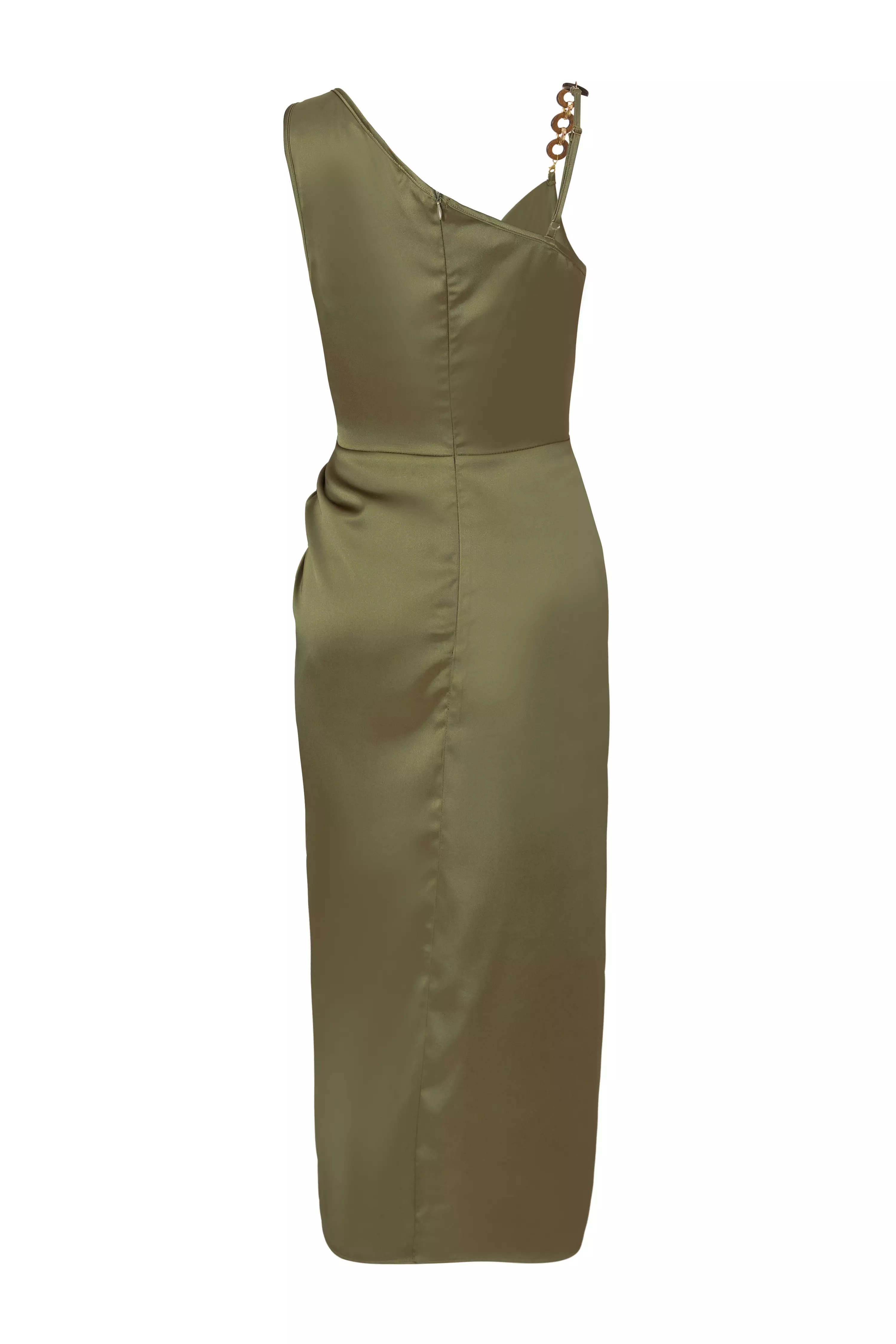 Khaki Satin Ruched Midi Dress