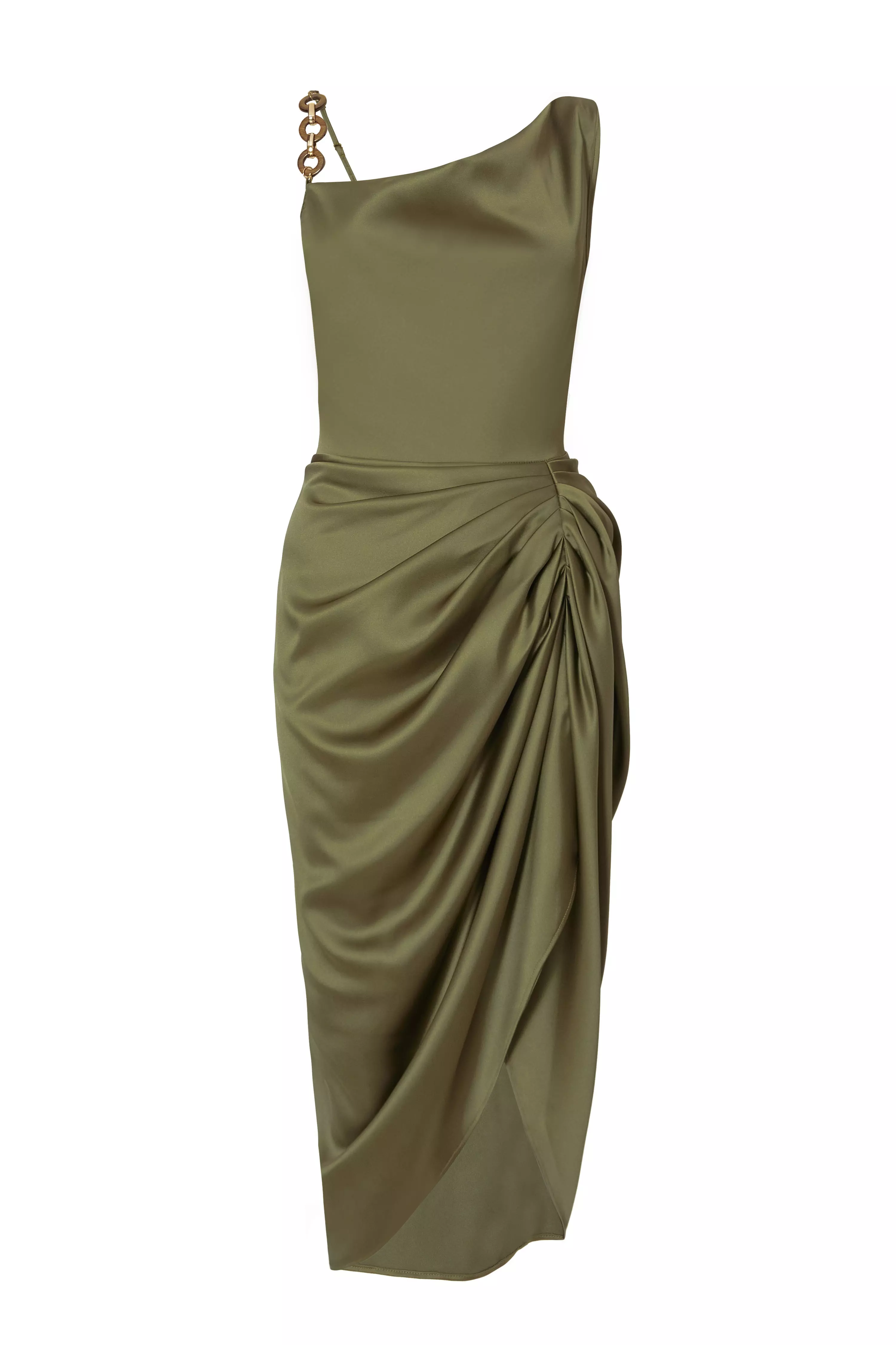 Khaki Satin Ruched Midi Dress