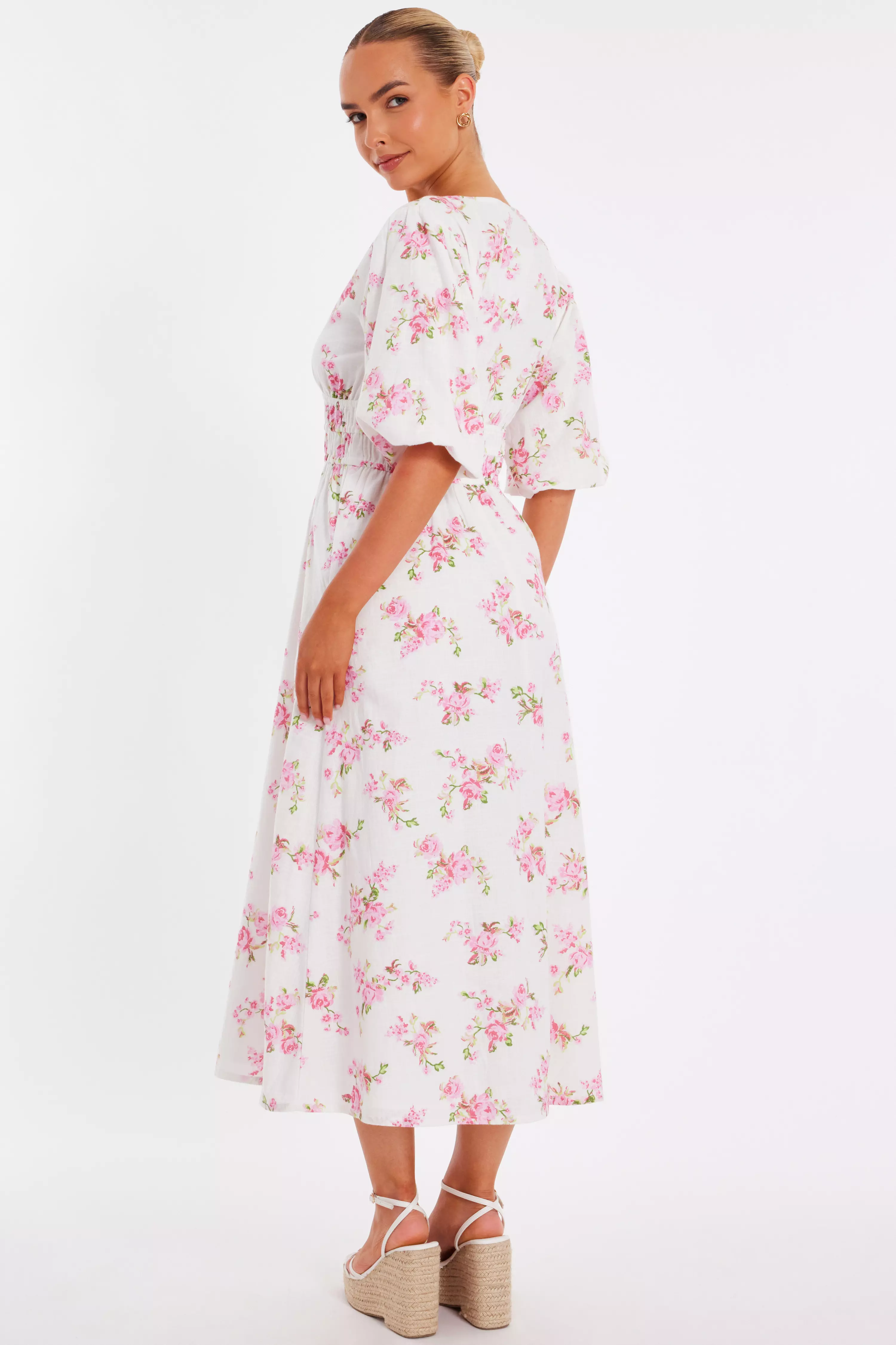 Pink Floral V-Neck Midi Dress