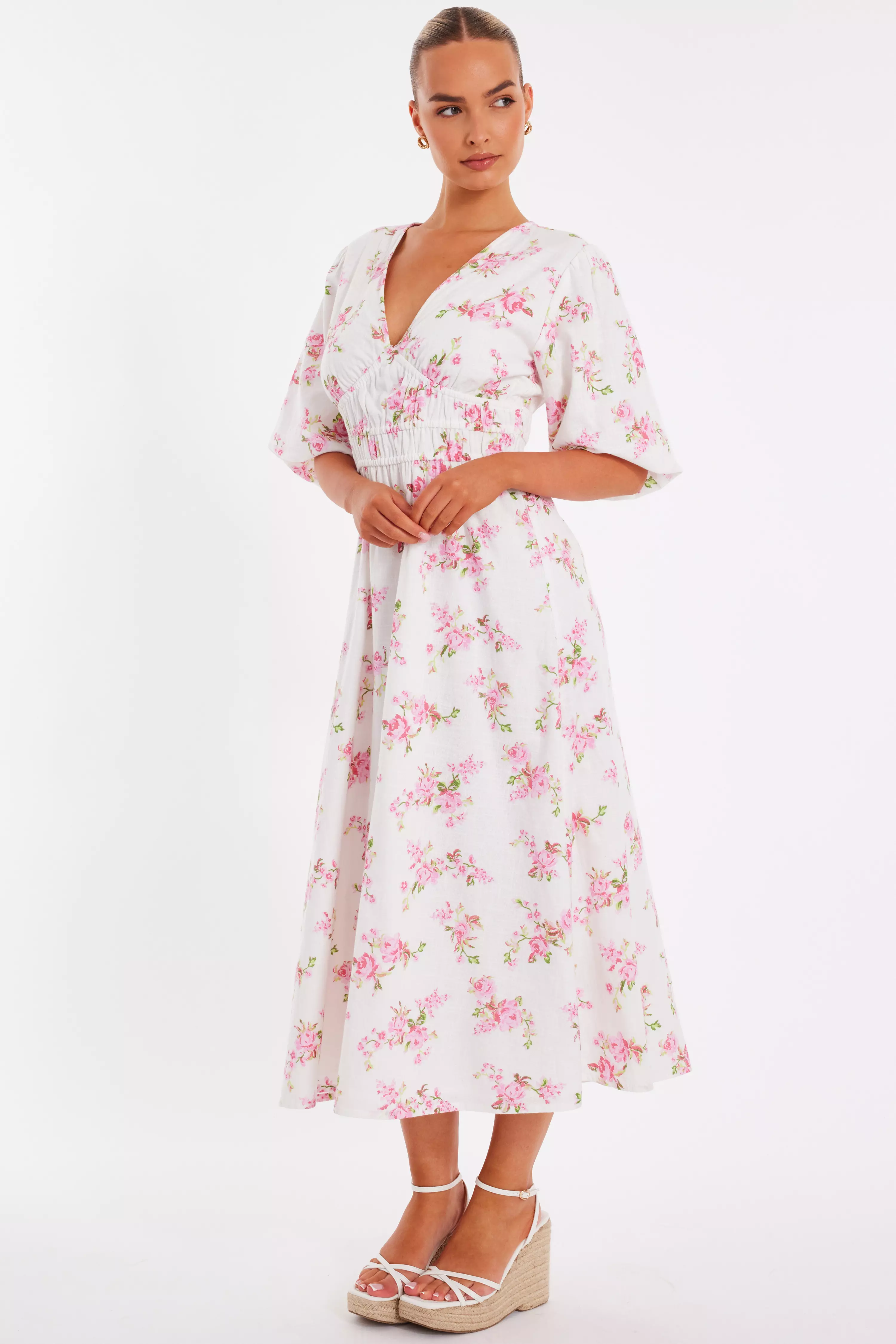 Pink Floral V-Neck Midi Dress
