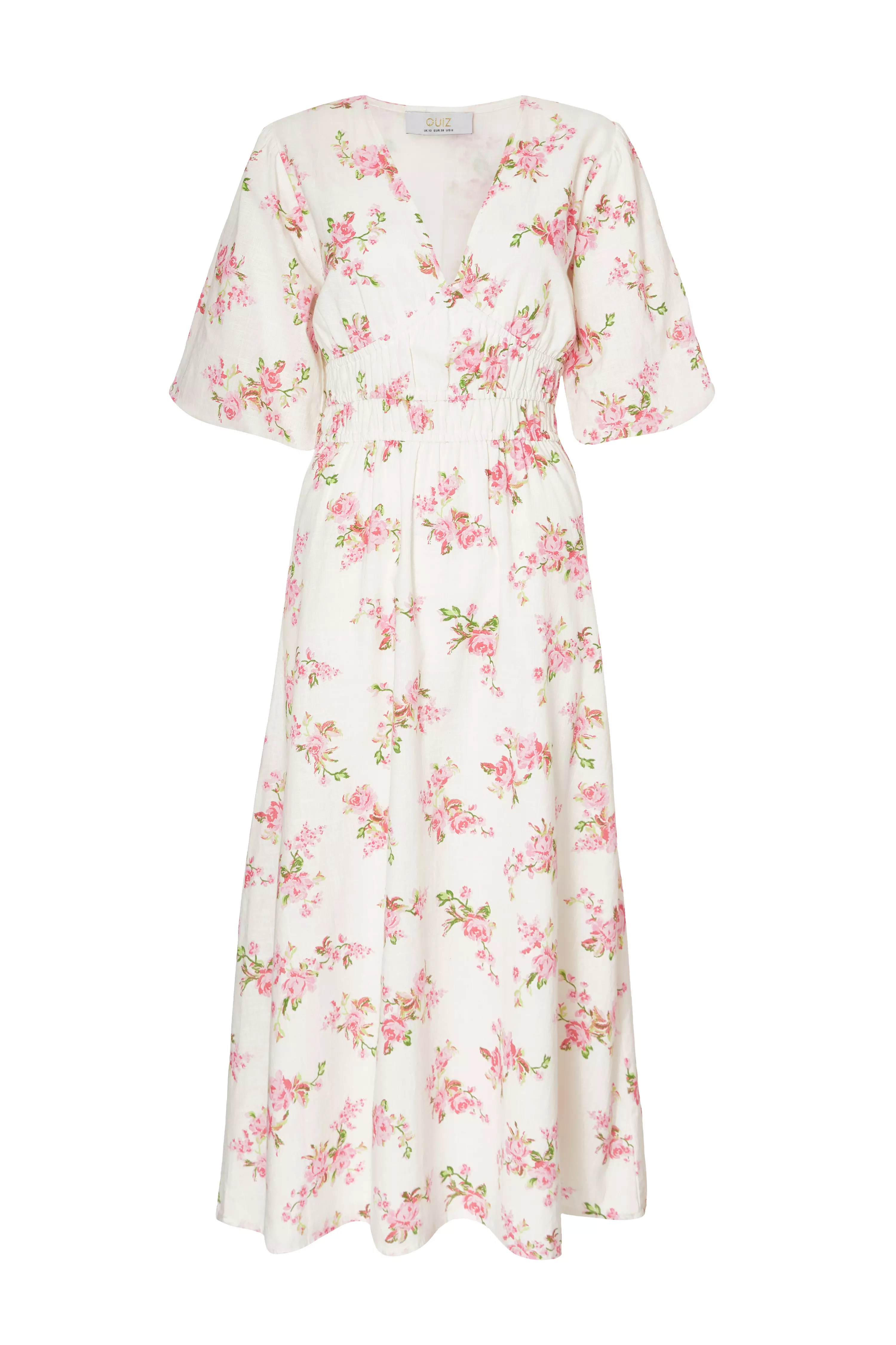 Pink Floral V-Neck Midi Dress