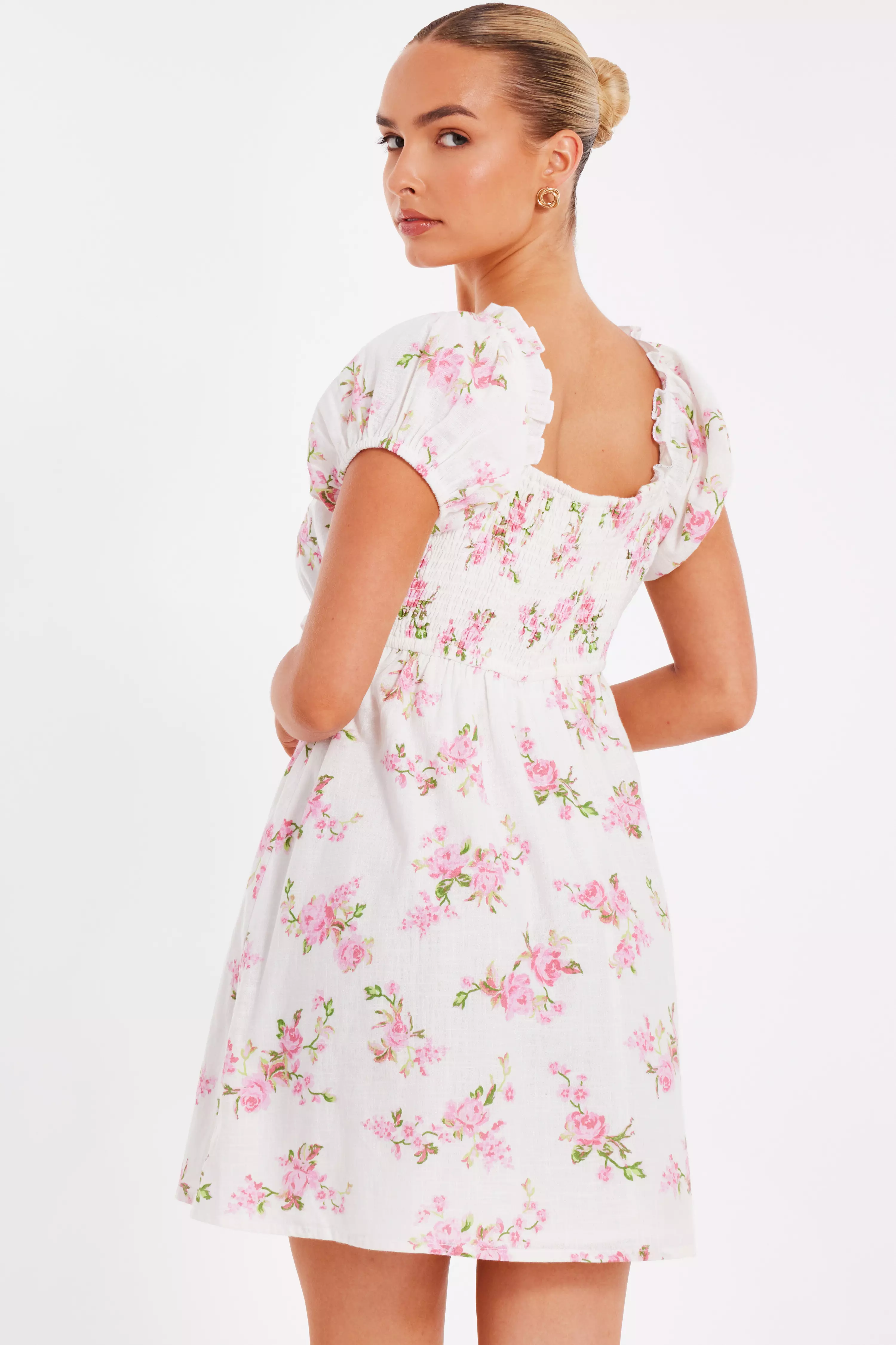 Pink Floral Puff Sleeve Mini Dress