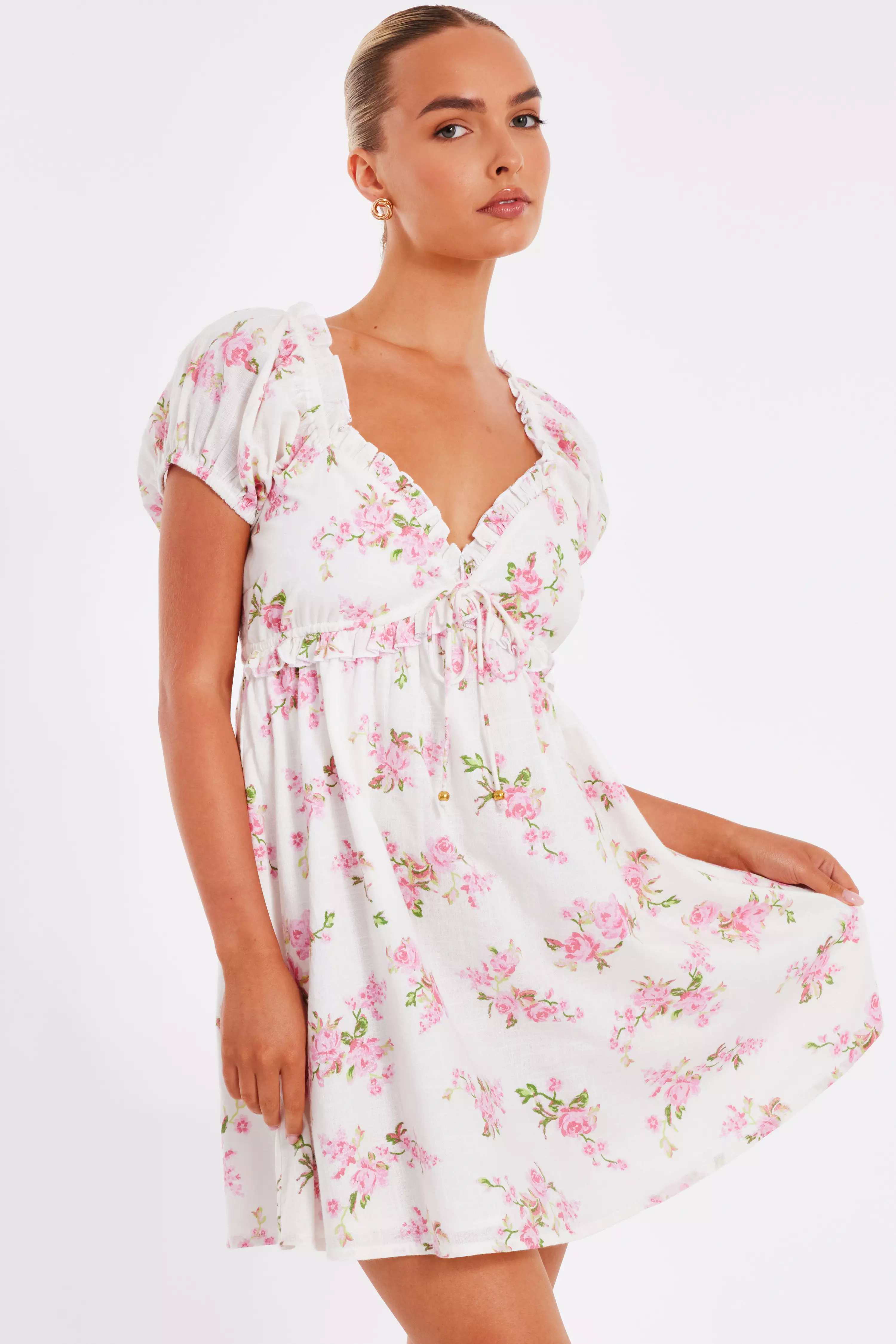 Pink Floral Puff Sleeve Mini Dress