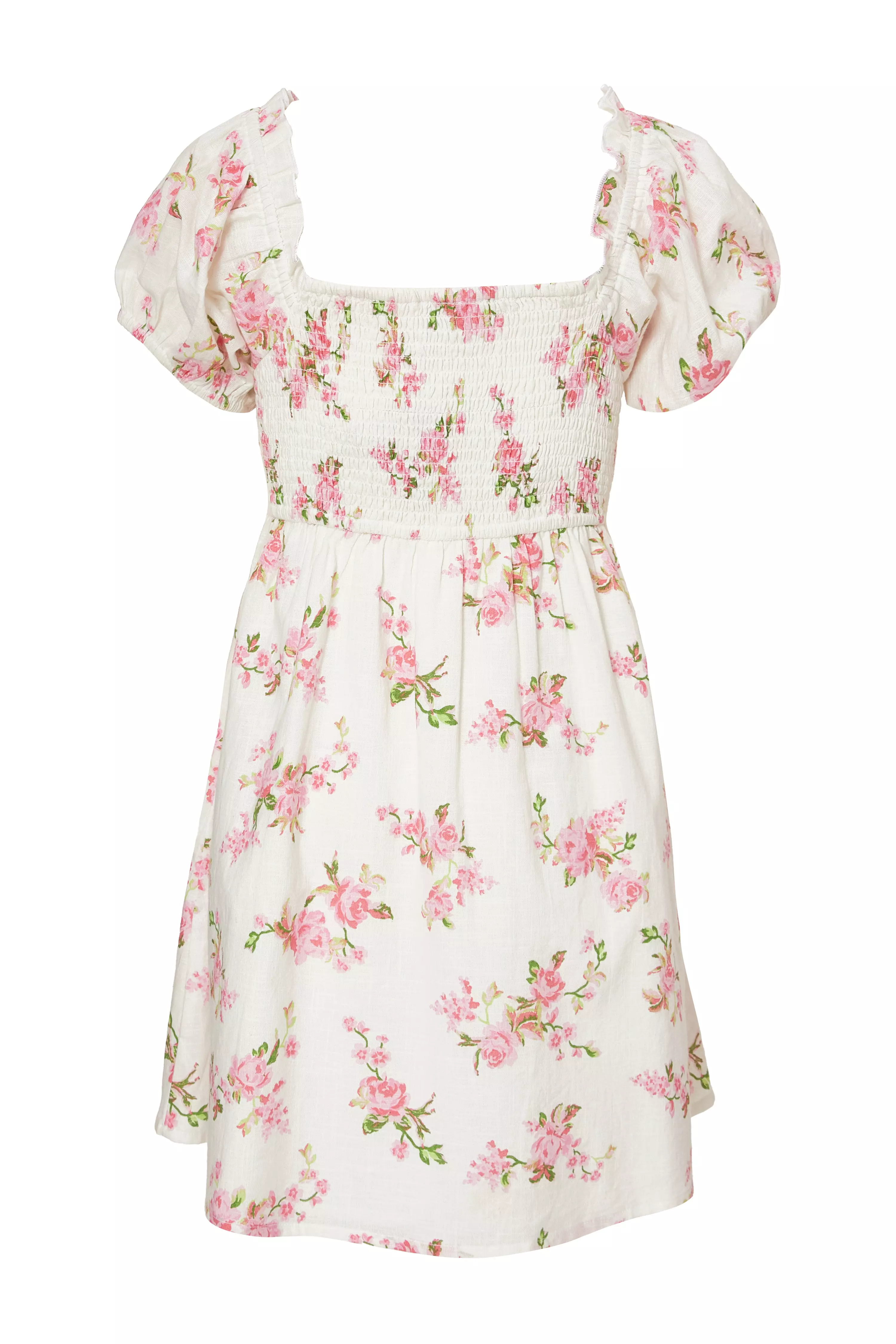 Pink Floral Puff Sleeve Mini Dress