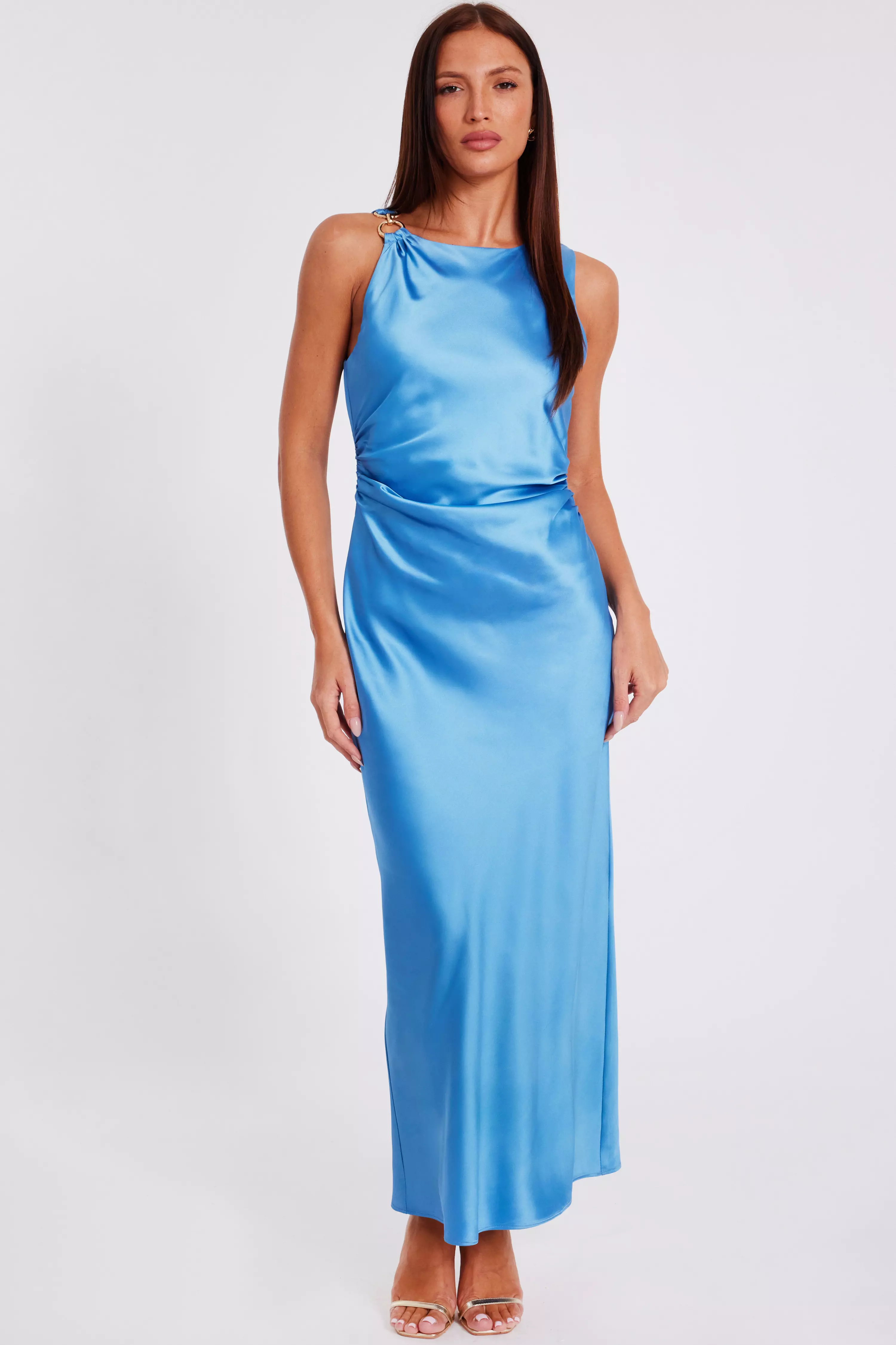 Blue Satin Ruched Midaxi Dress 