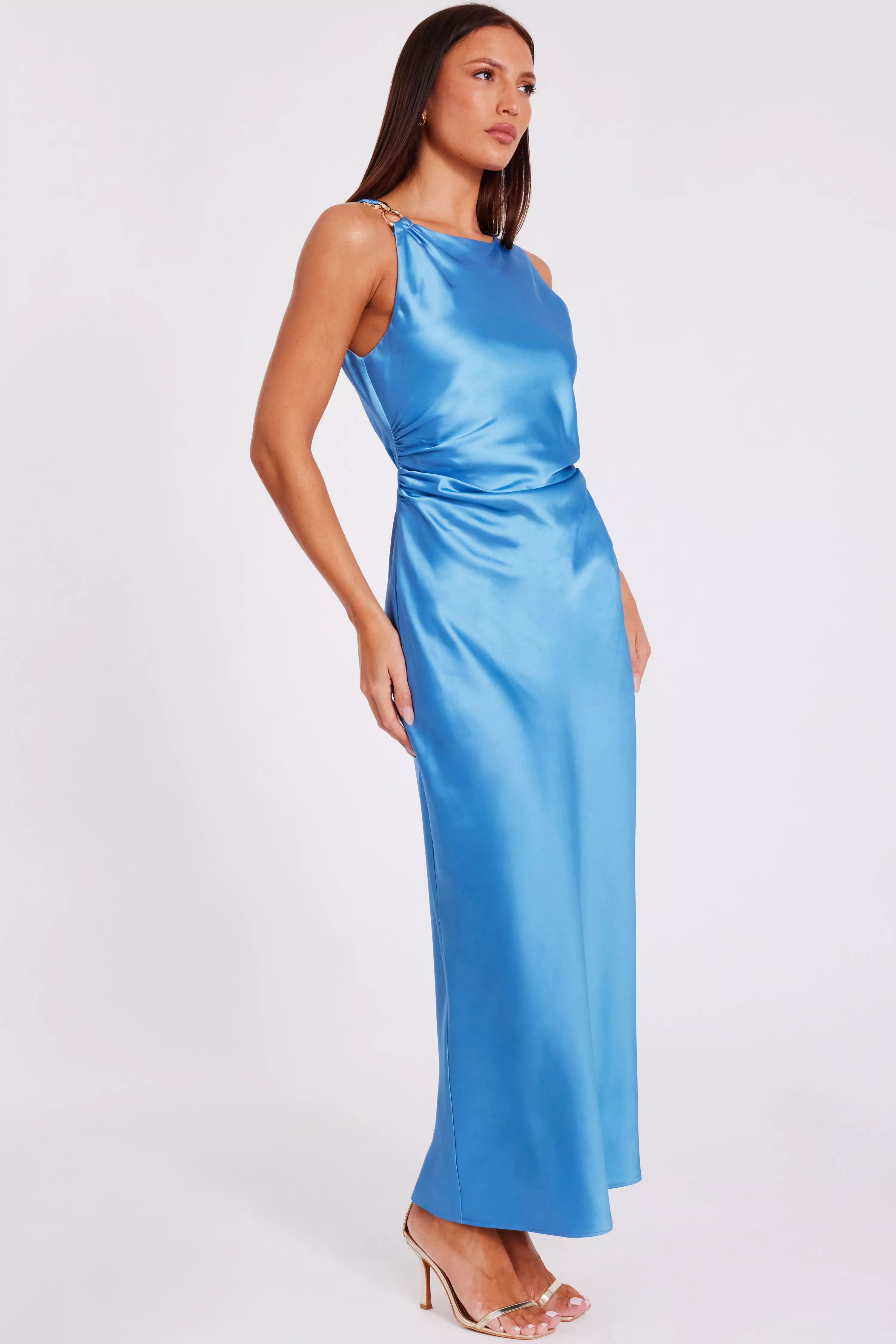 Blue Satin Ruched Midaxi Dress 