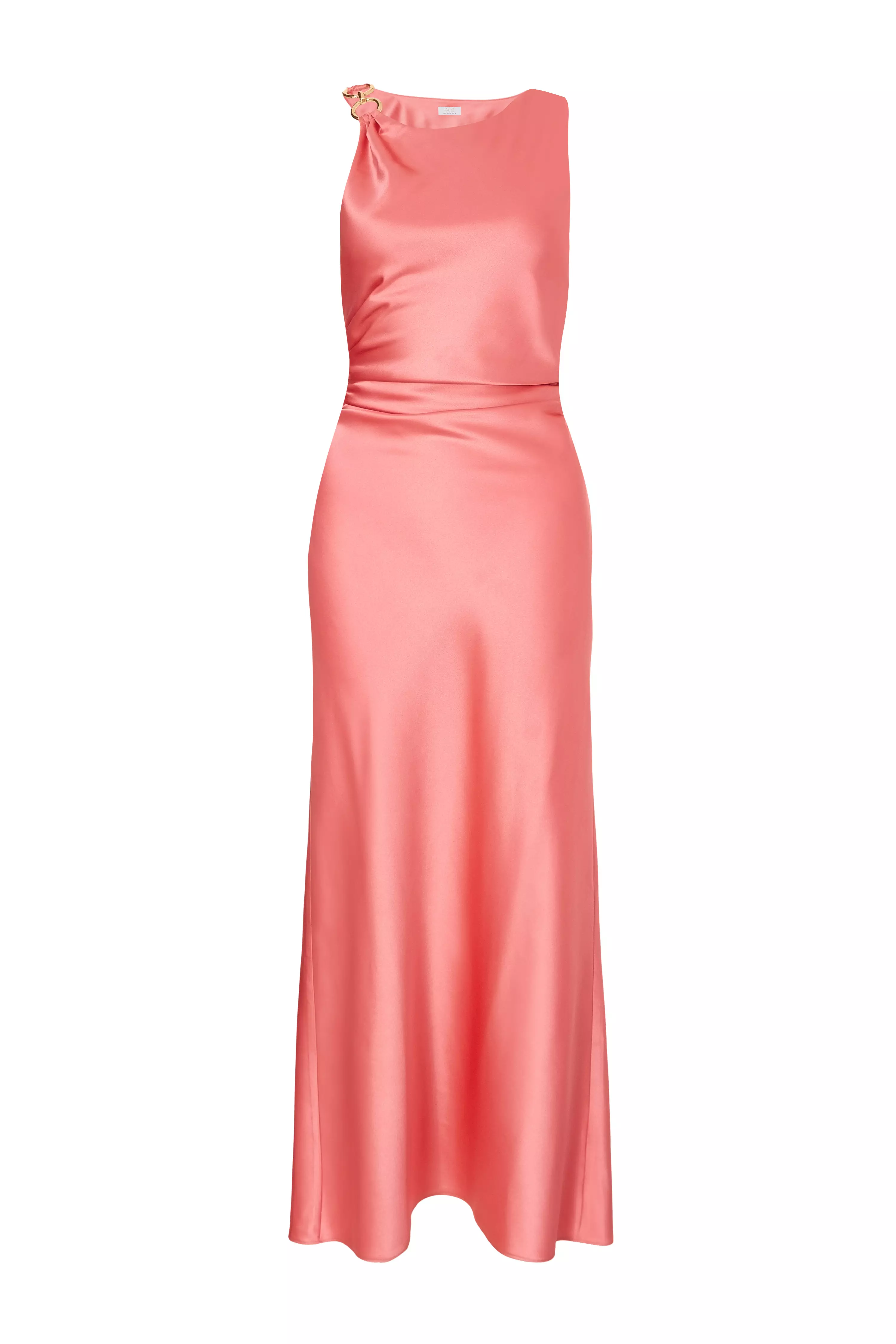 Coral Satin Ruched Midaxi Dress