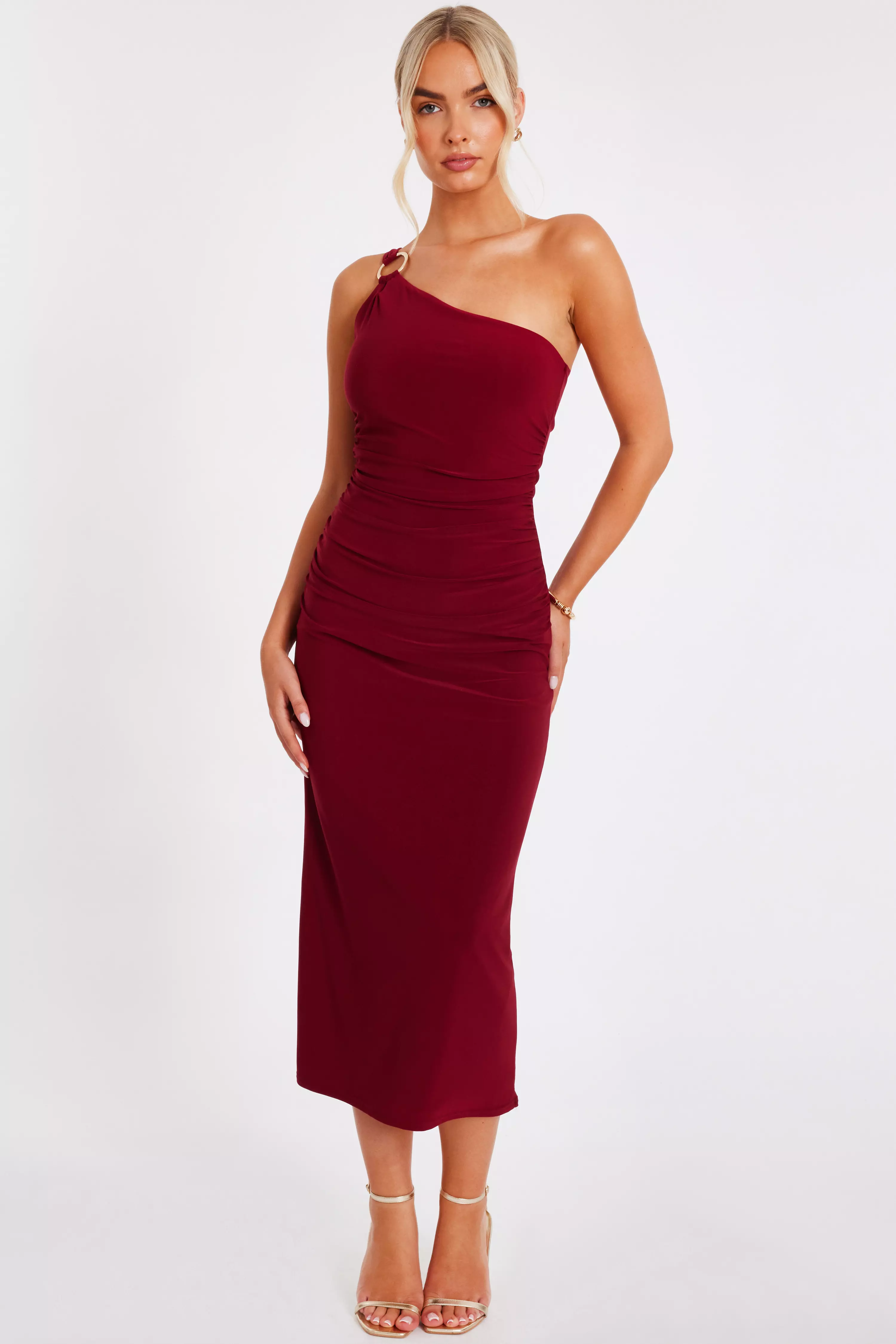 Dark Red One Shoulder Midaxi Dress