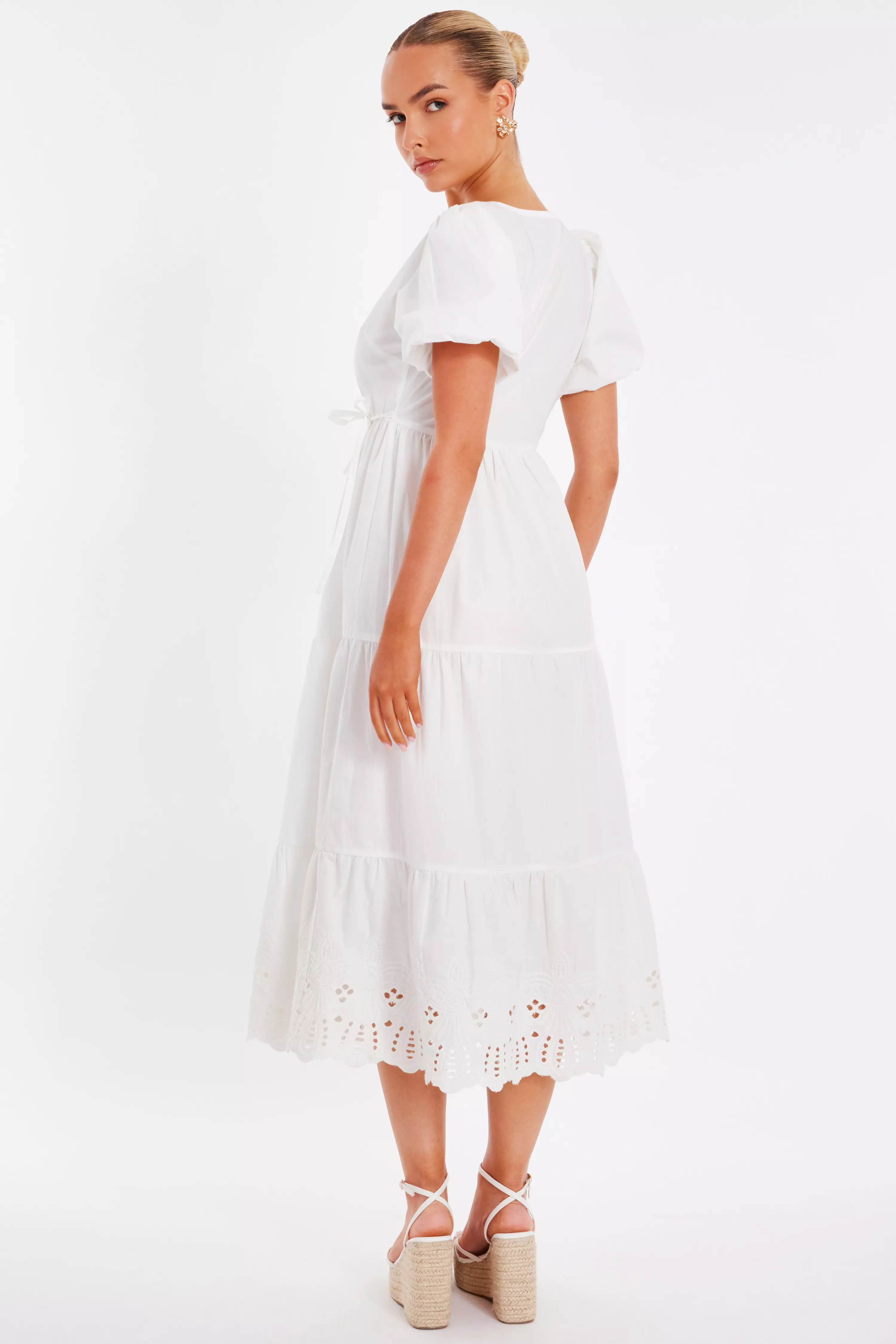 White Embroidered Hem Midaxi Dress
