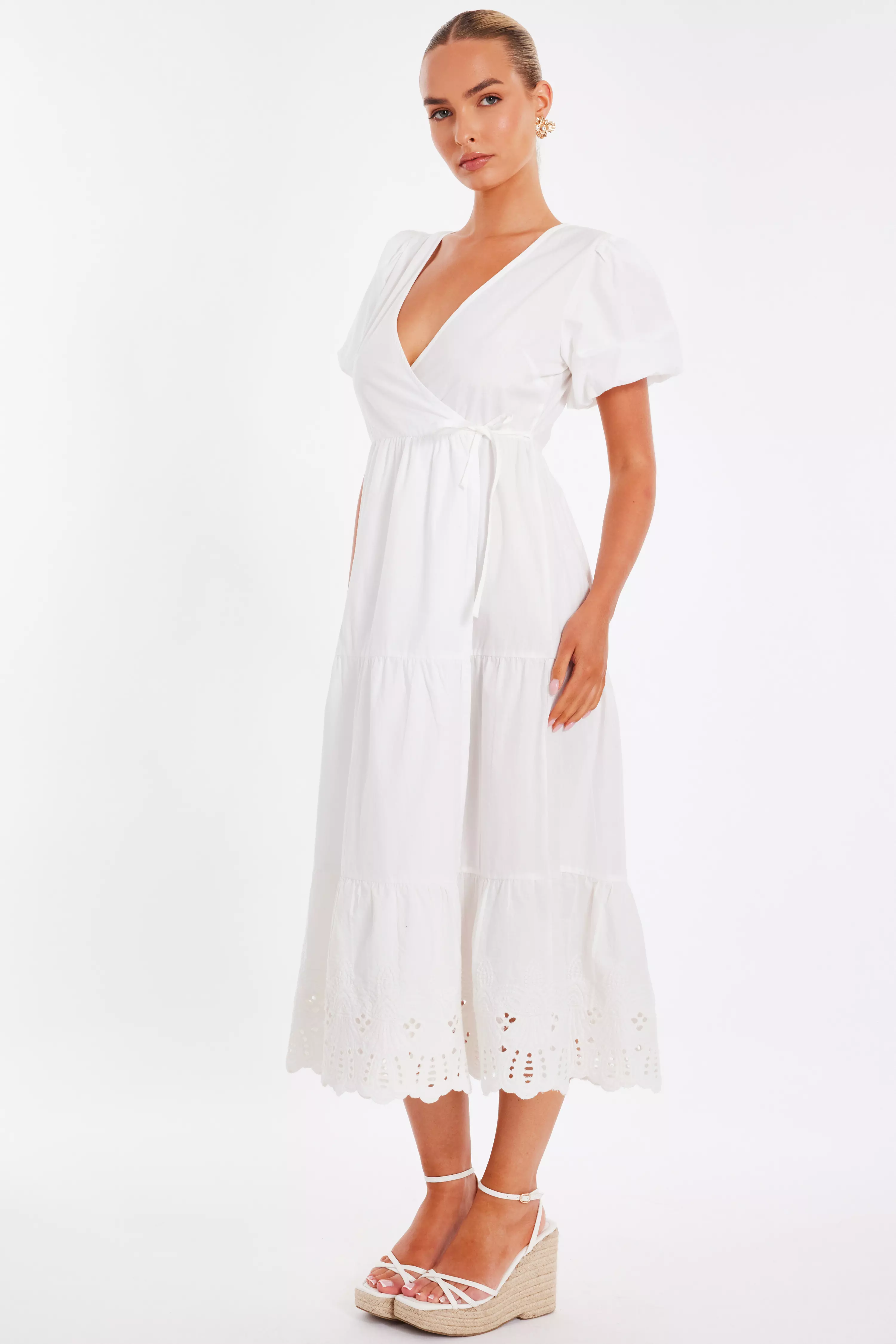White Embroidered Hem Midaxi Dress
