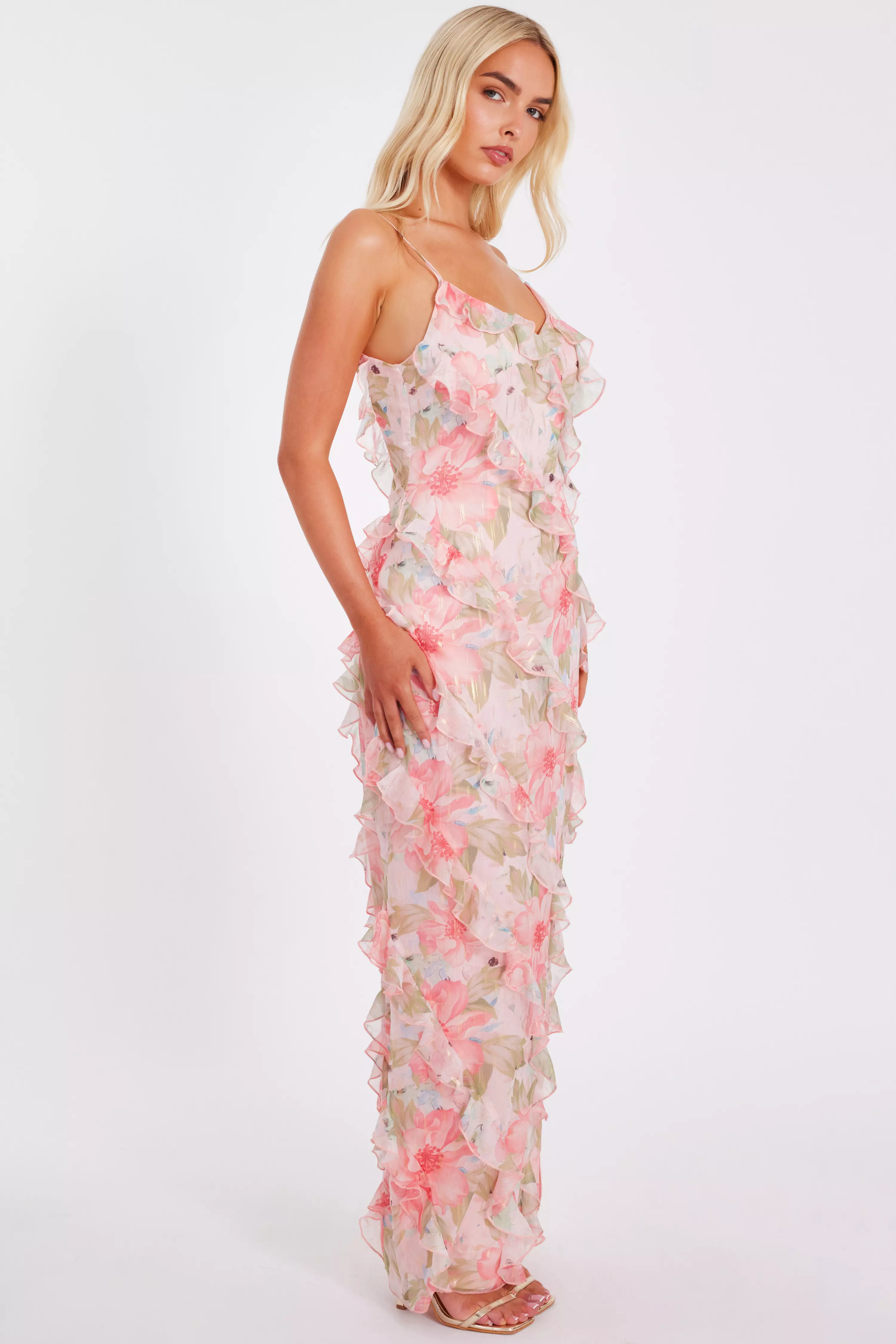 Coral Chiffon Floral Maxi Dress
