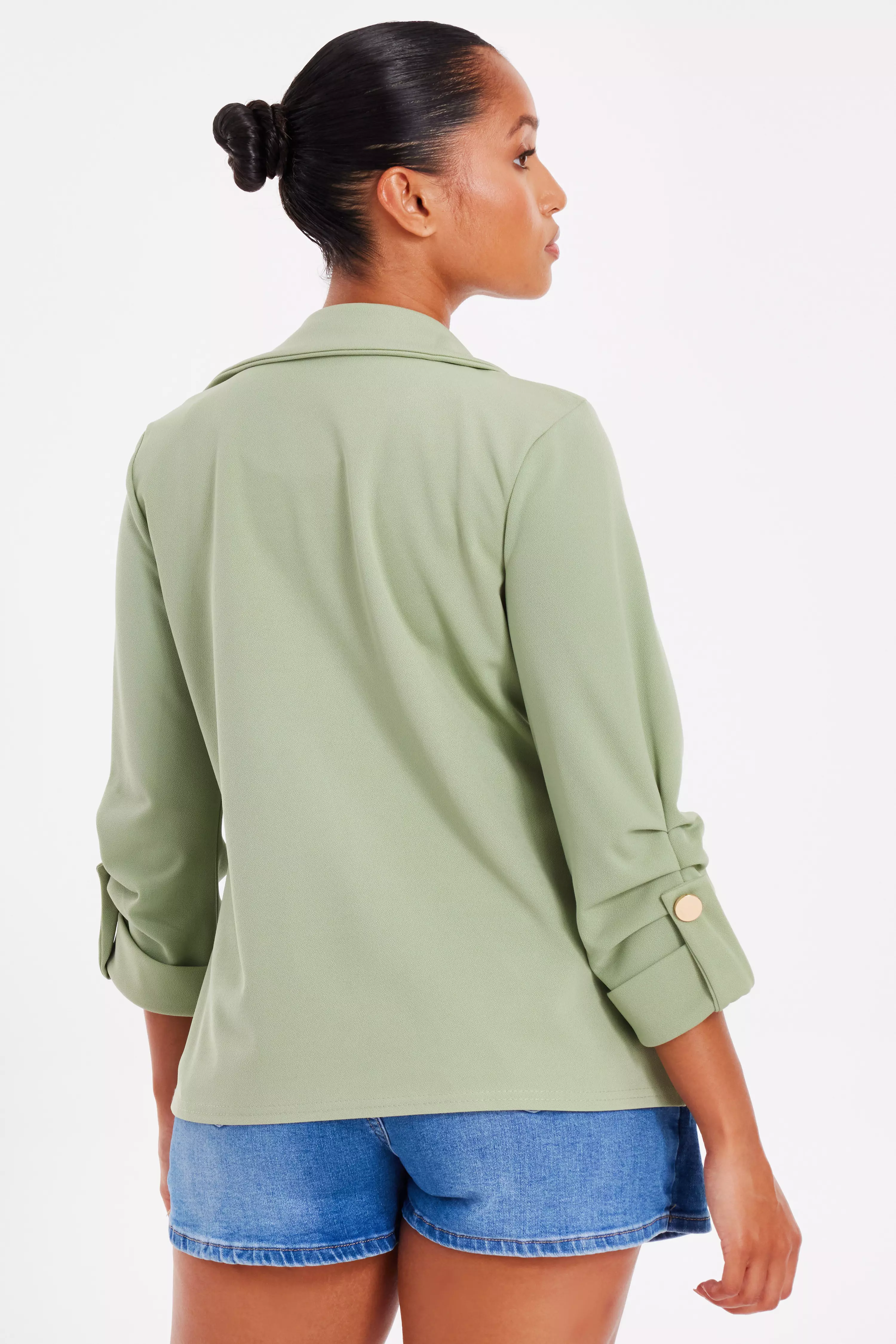 Petite Sage Ruched Sleeve Blazer