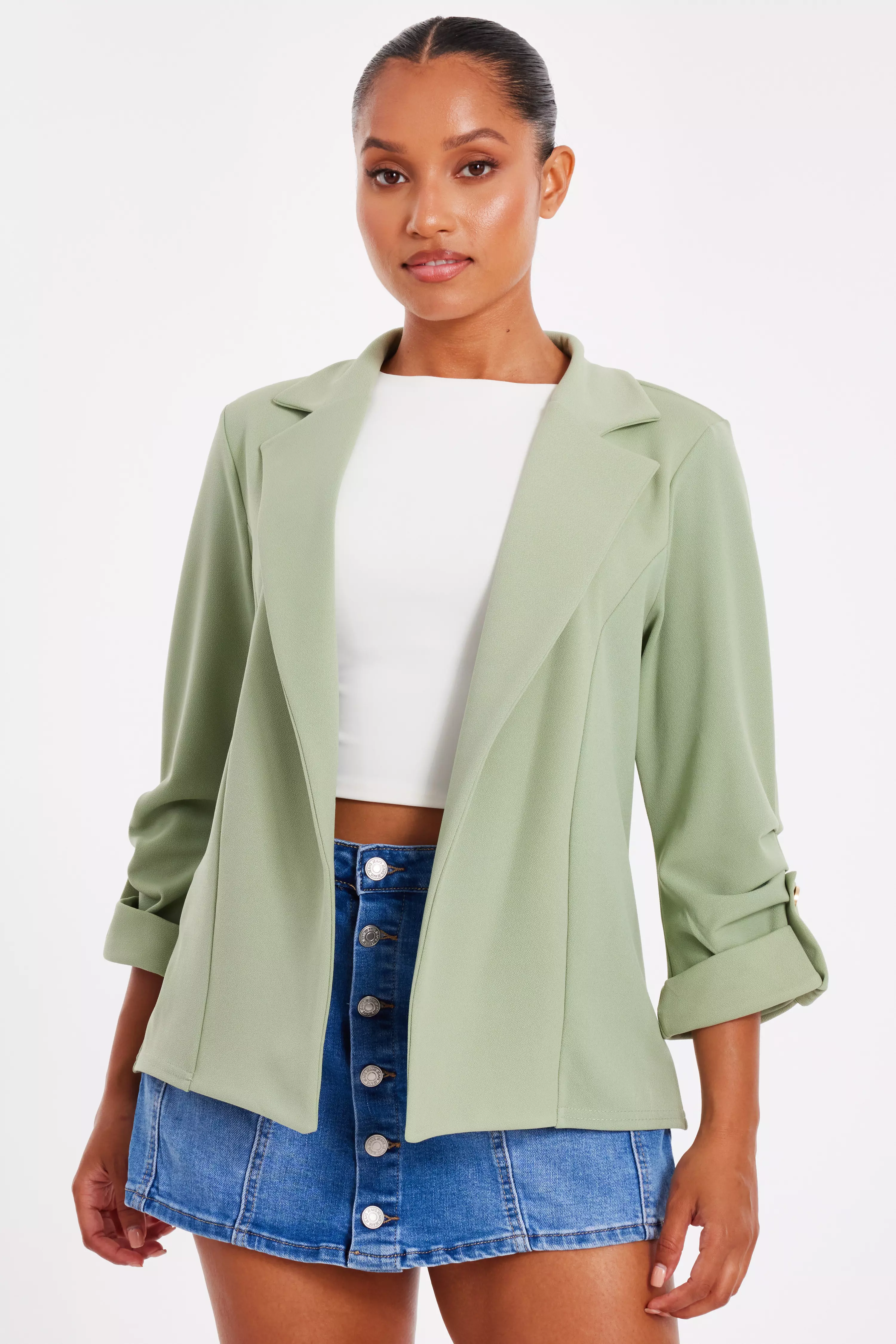 Petite Sage Ruched Sleeve Blazer