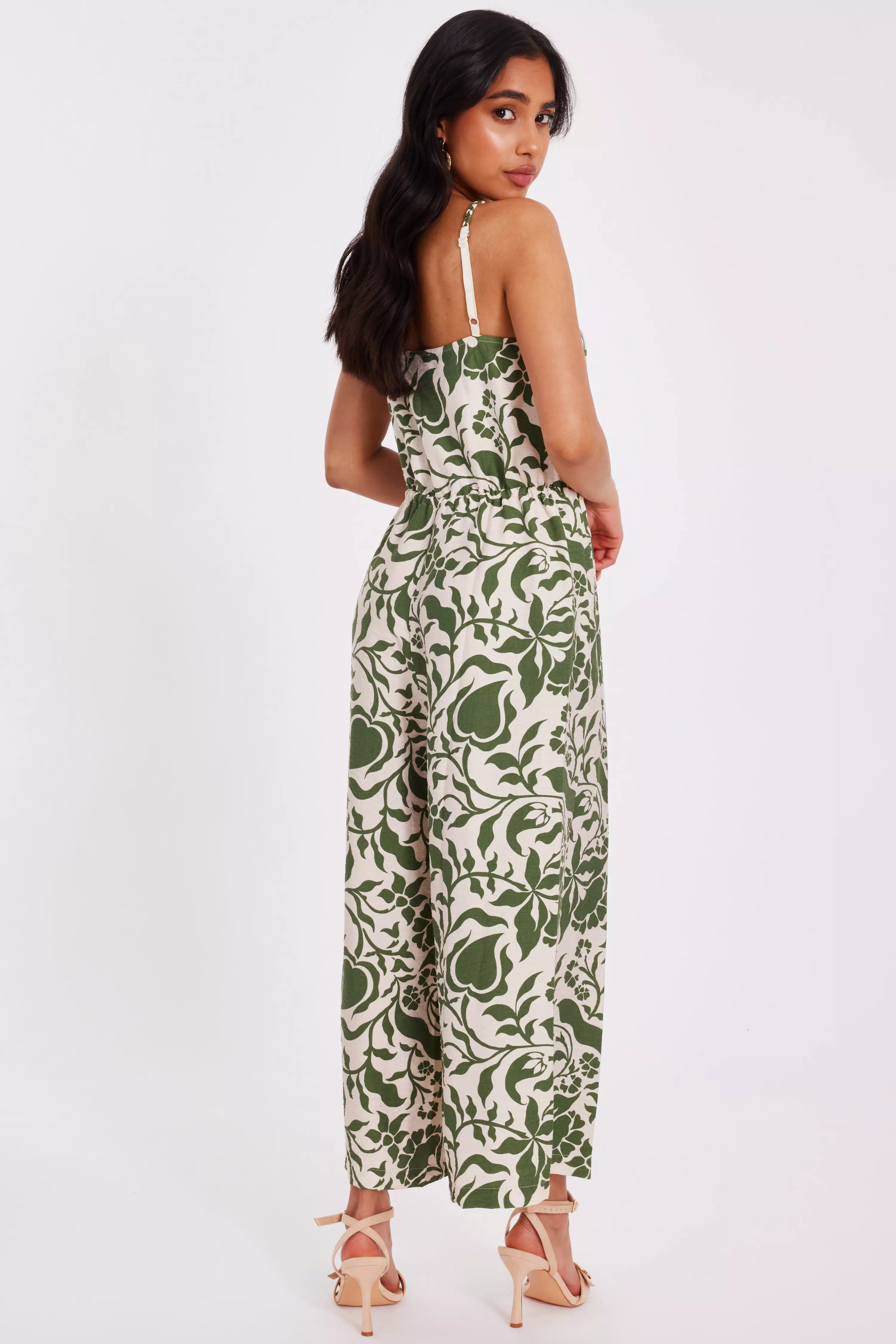 Petite Khaki Tropical Print Jumpsuit