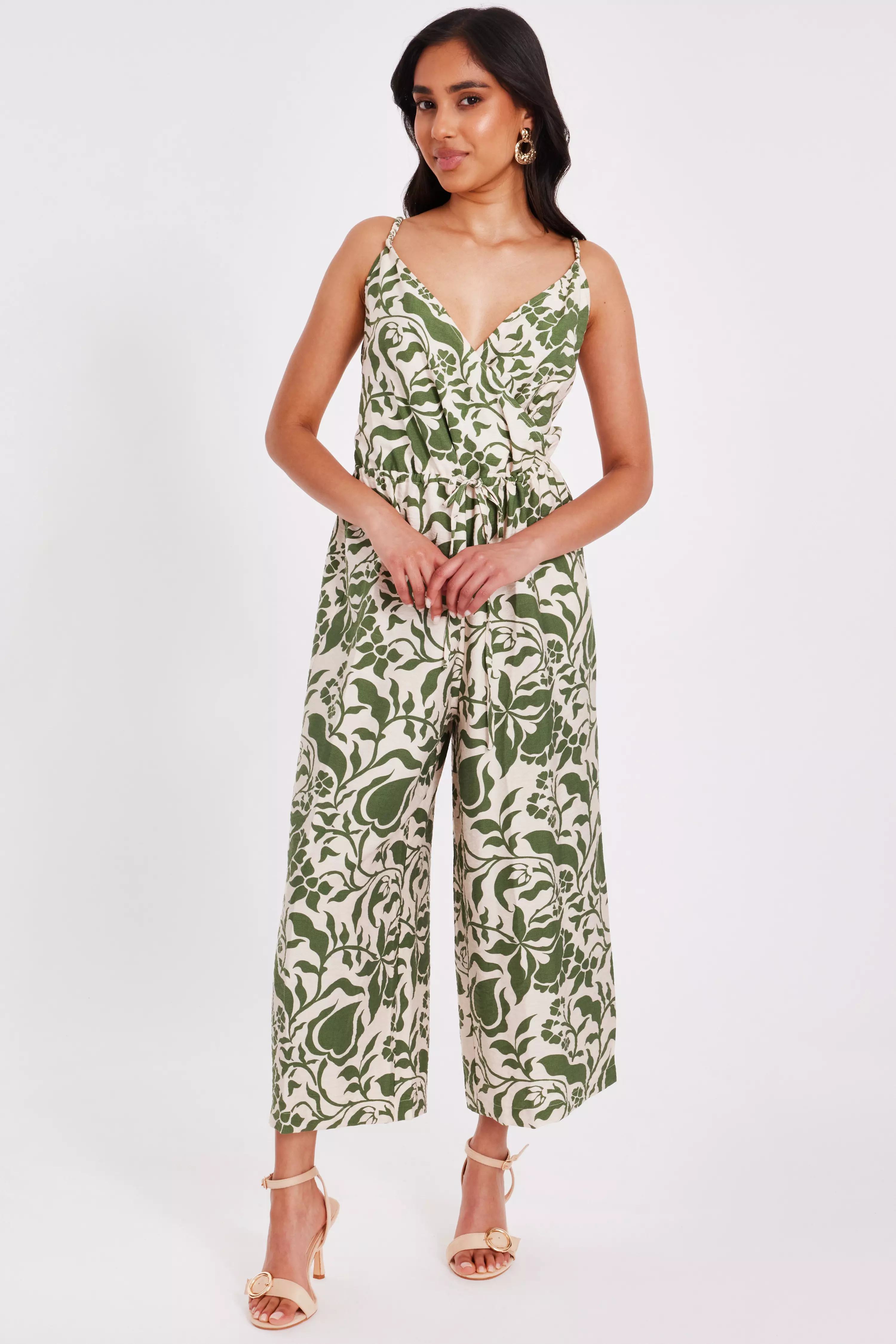 Petite Khaki Tropical Print Jumpsuit