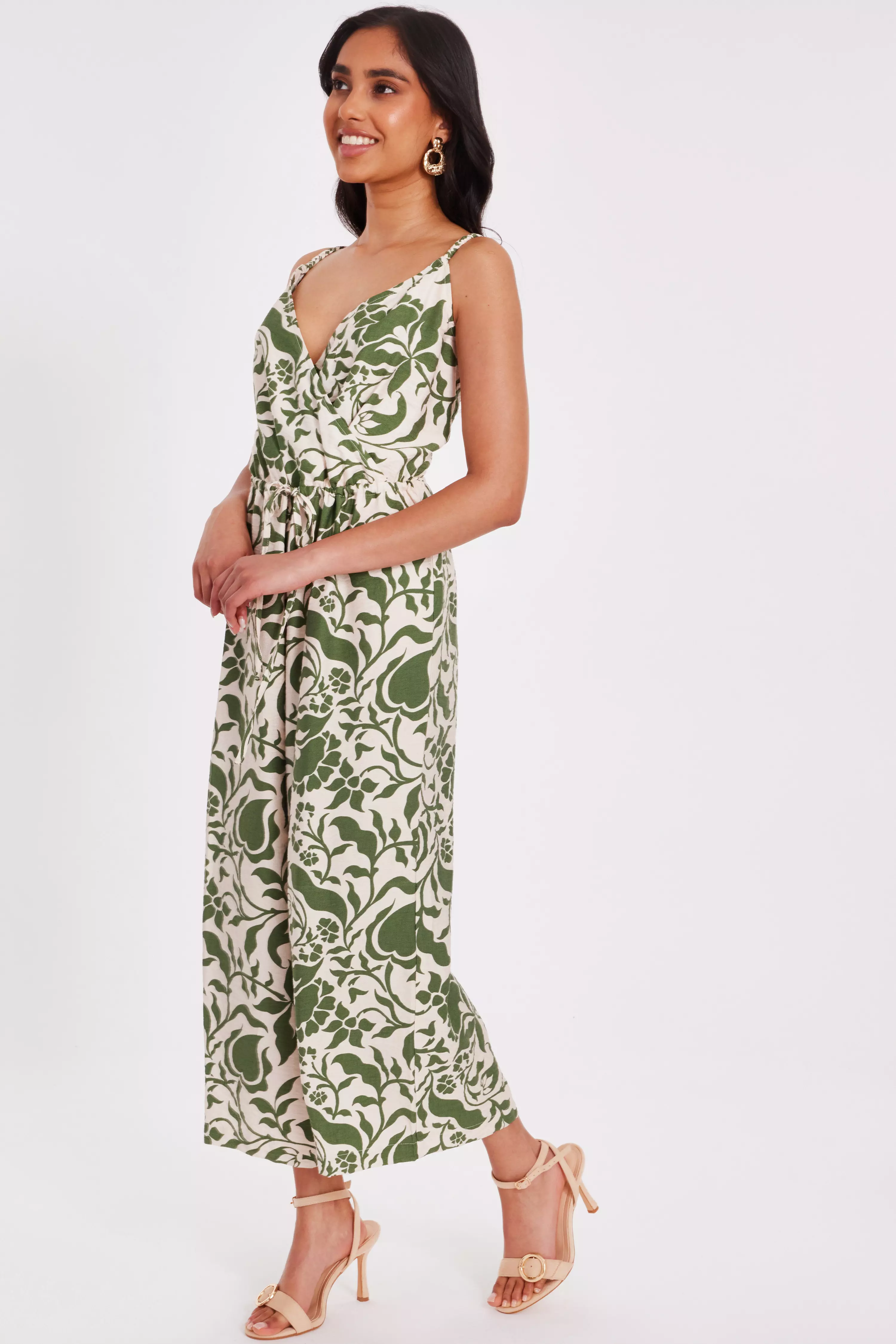 Petite Khaki Tropical Print Jumpsuit