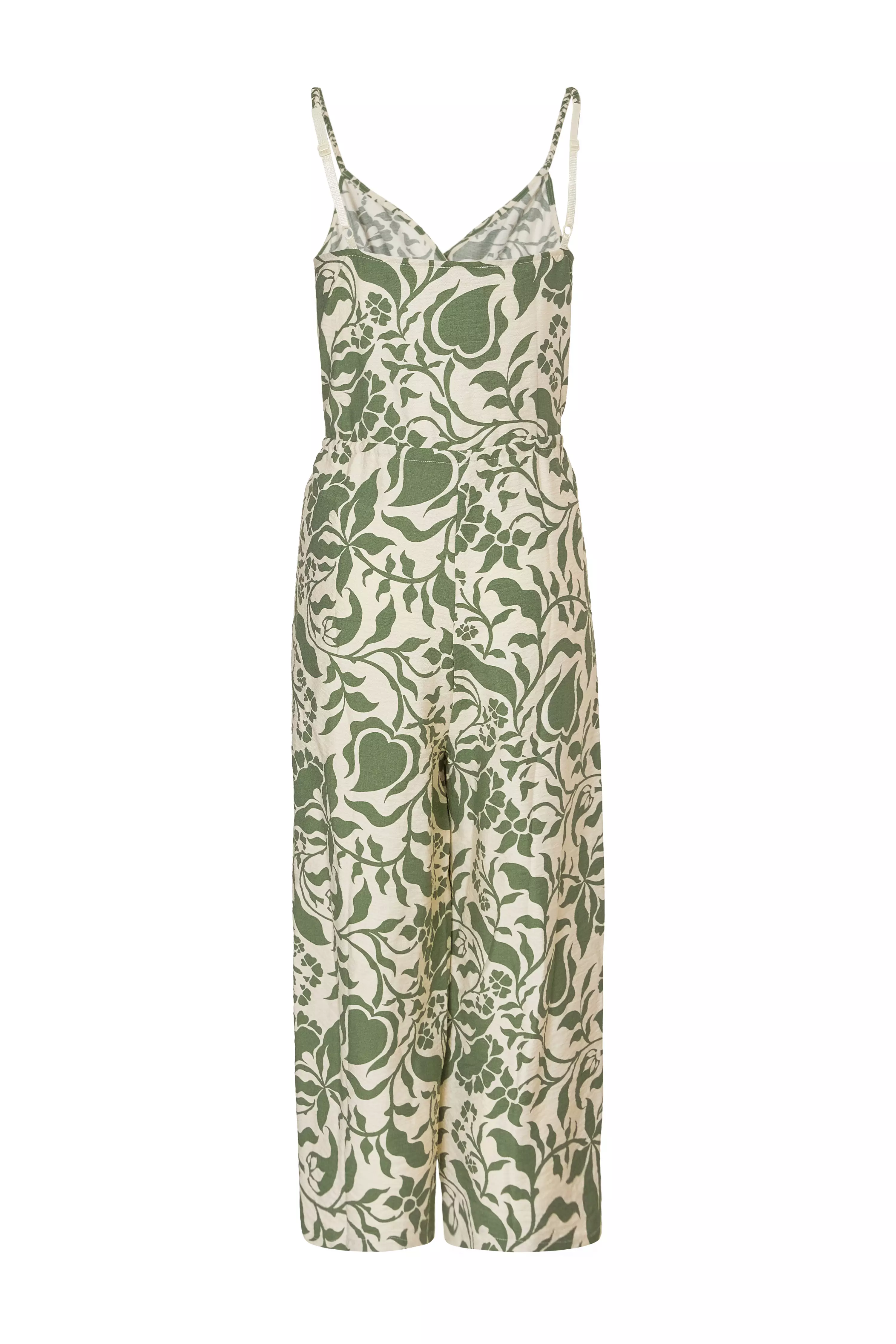 Petite Khaki Tropical Print Jumpsuit