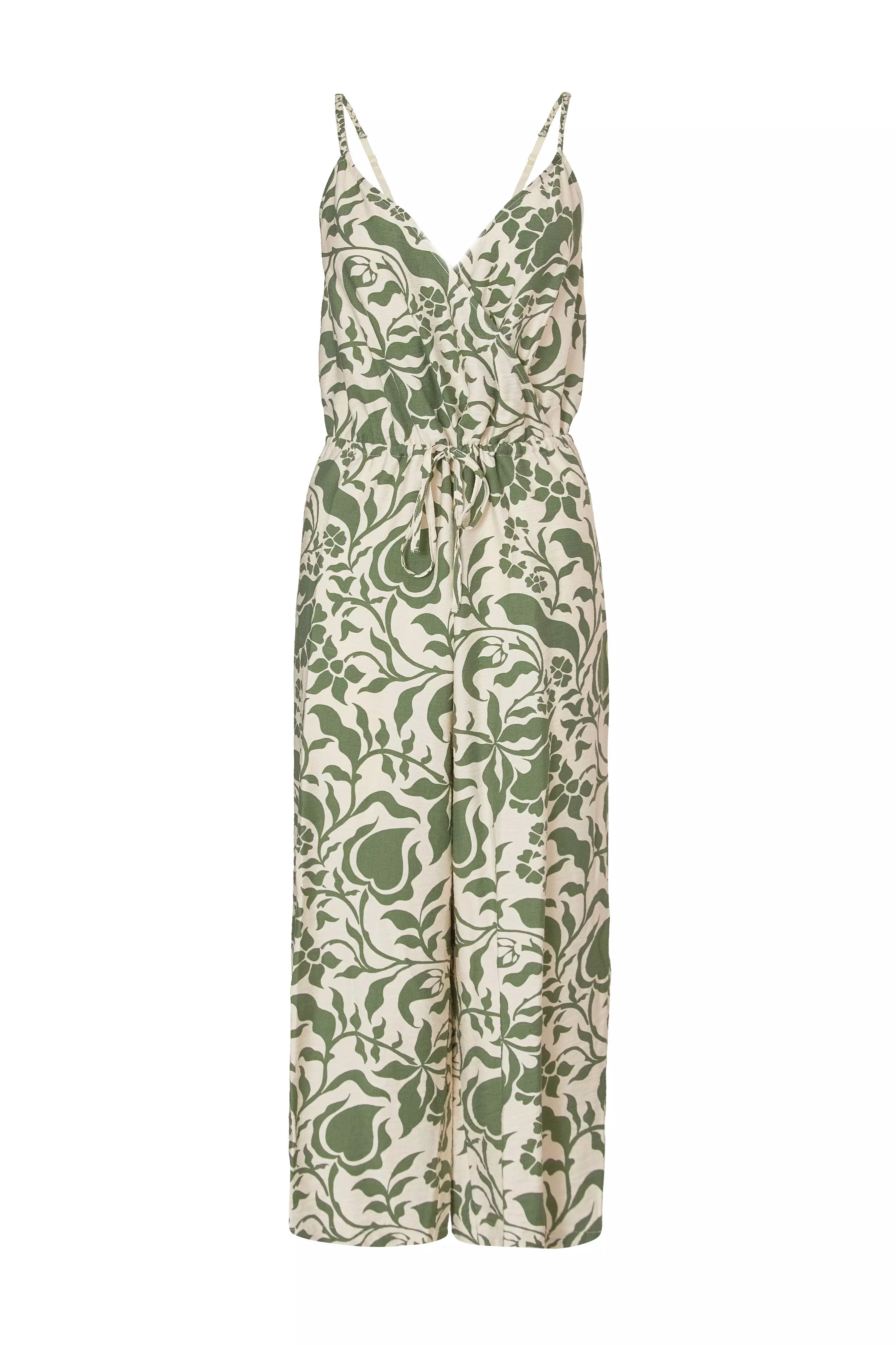 Petite Khaki Tropical Print Jumpsuit