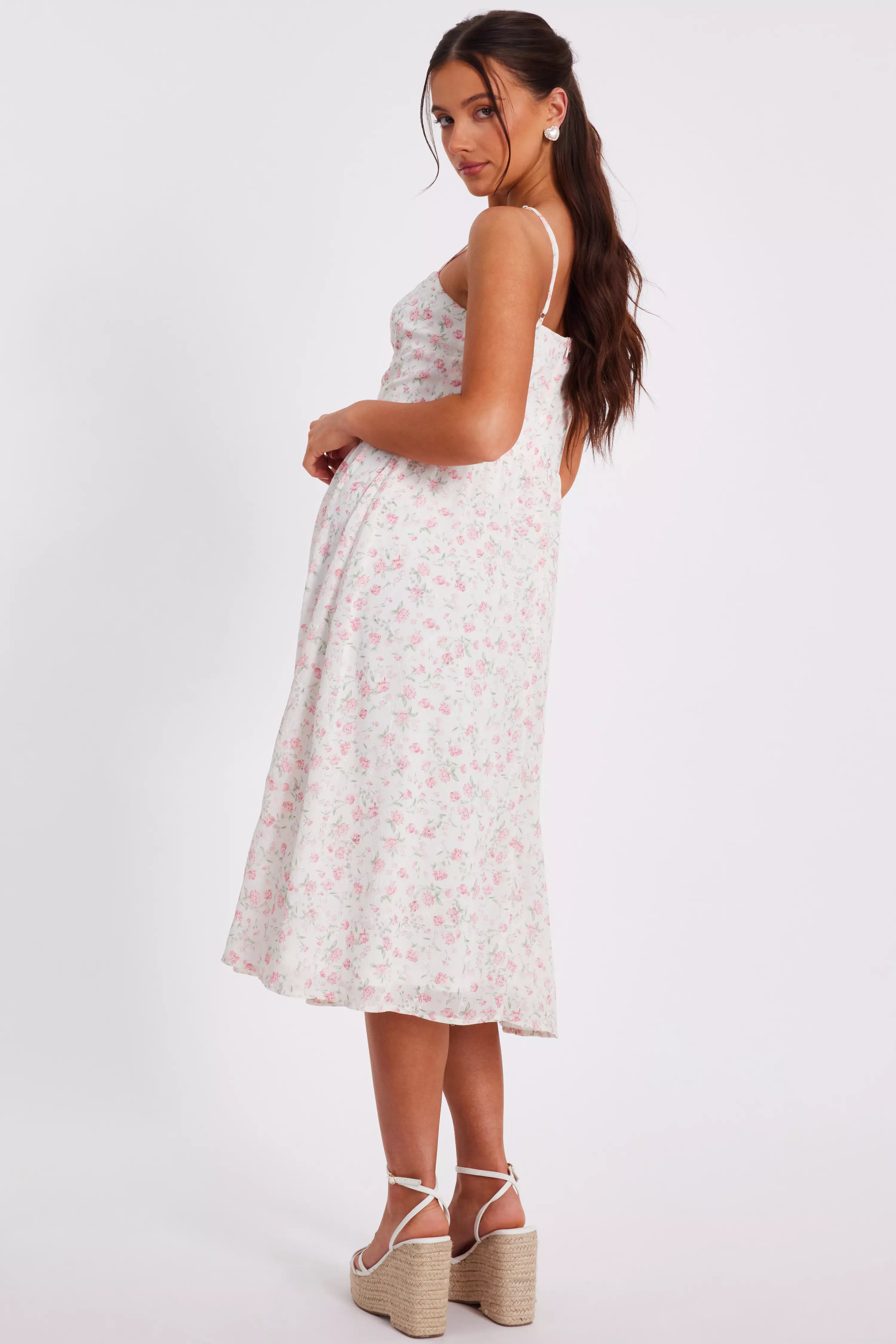 Petite White Floral Print Midi Dress