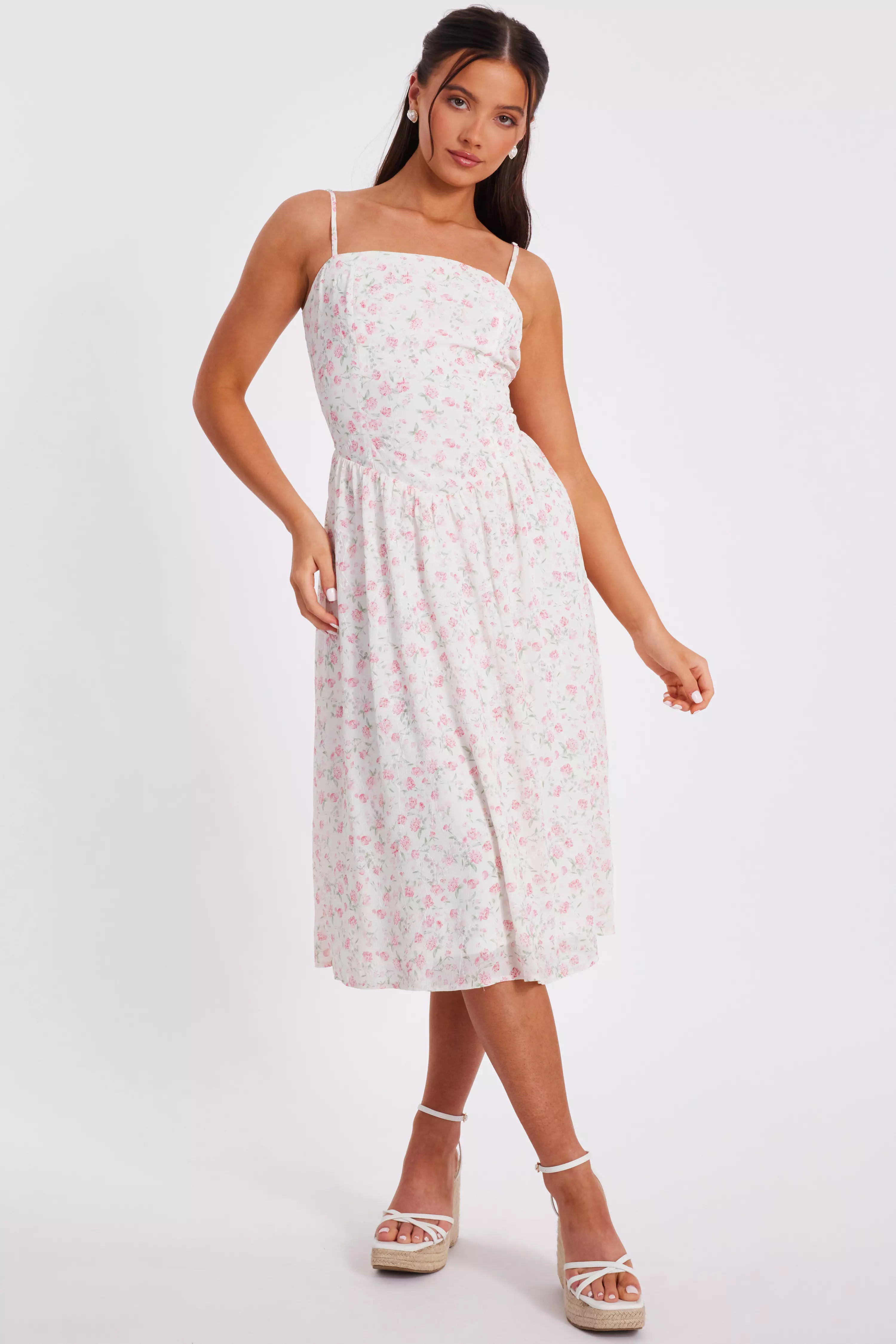 Petite White Floral Print Midi Dress