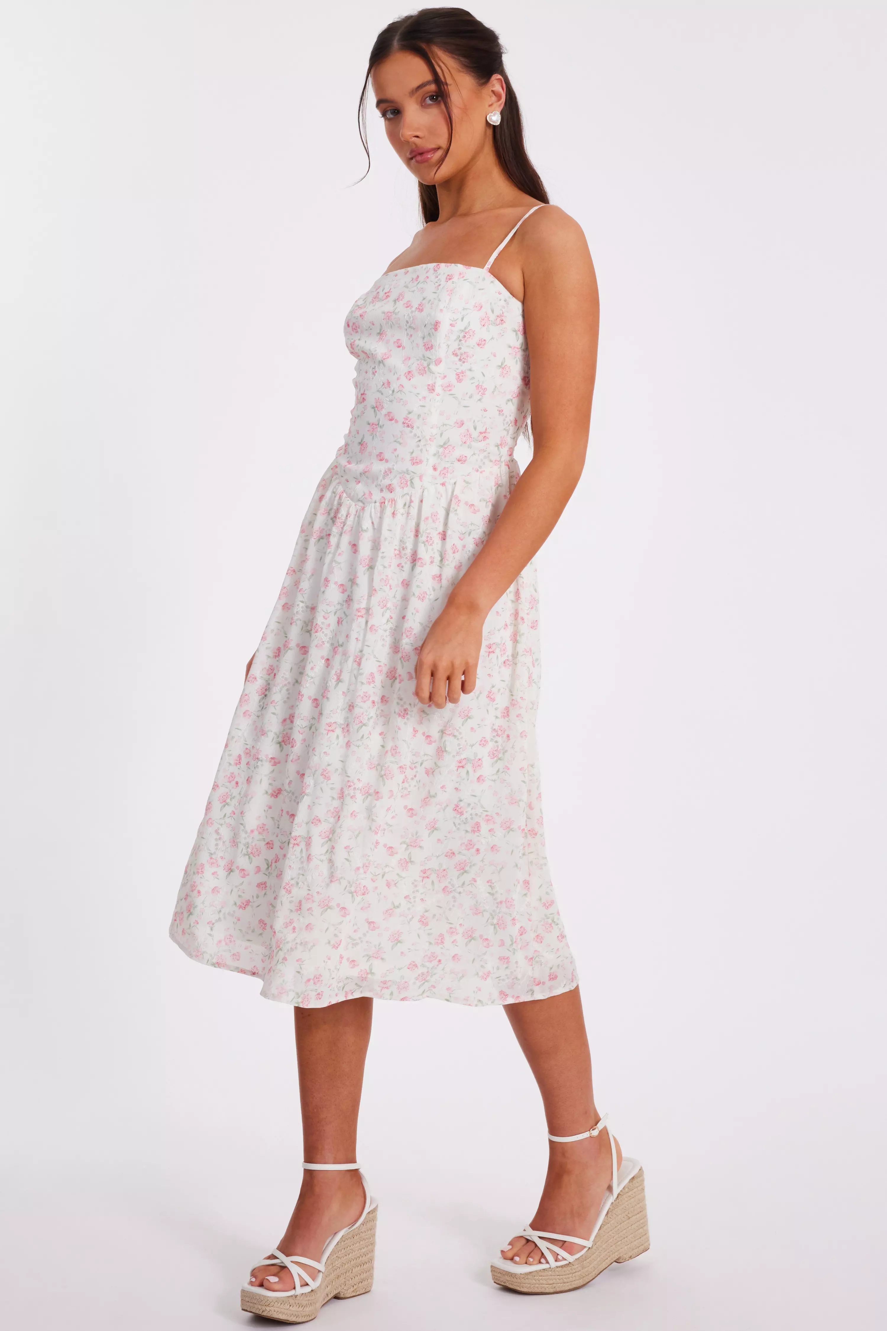 Petite White Floral Print Midi Dress