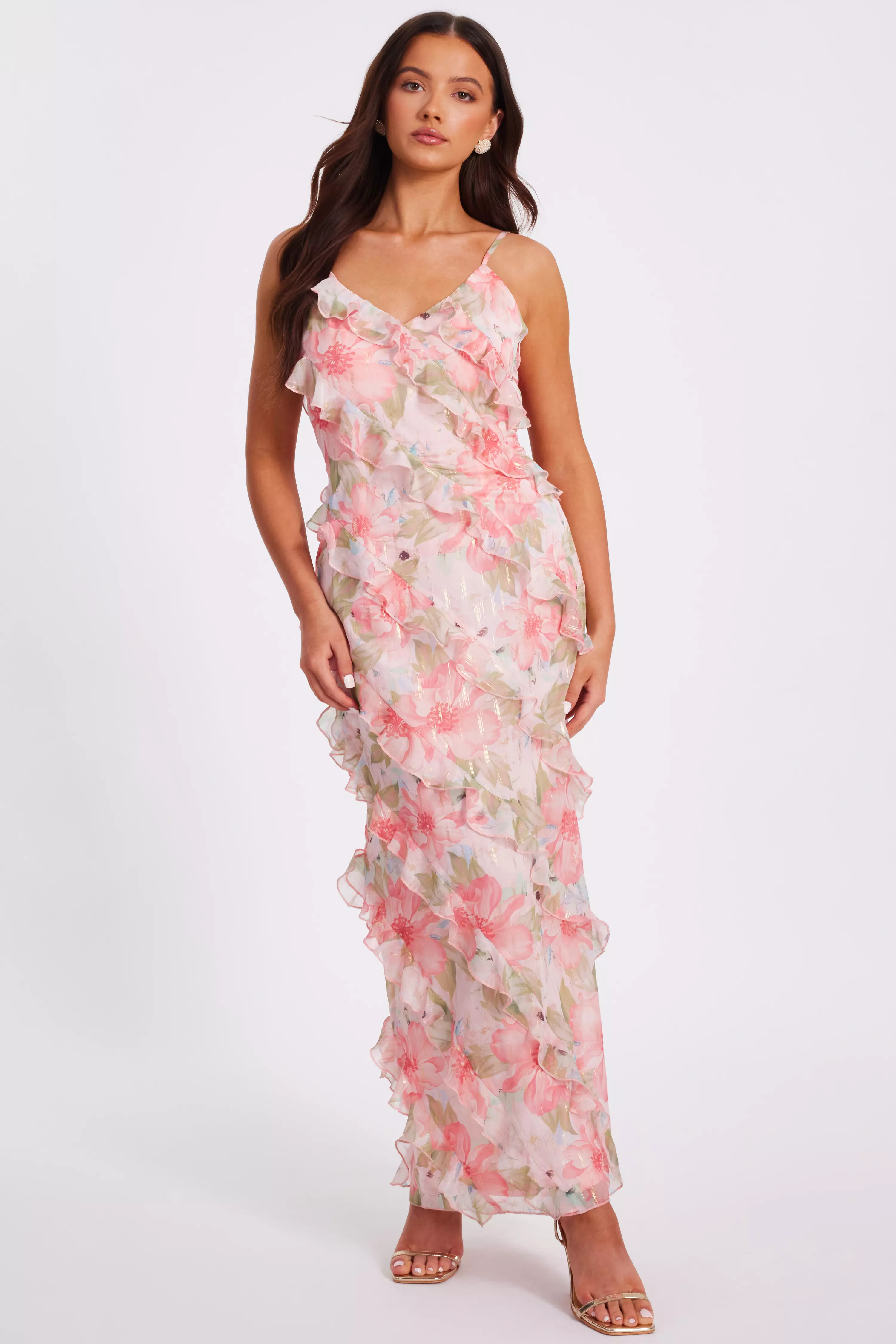 Petite Coral Chiffon Floral Maxi Dress