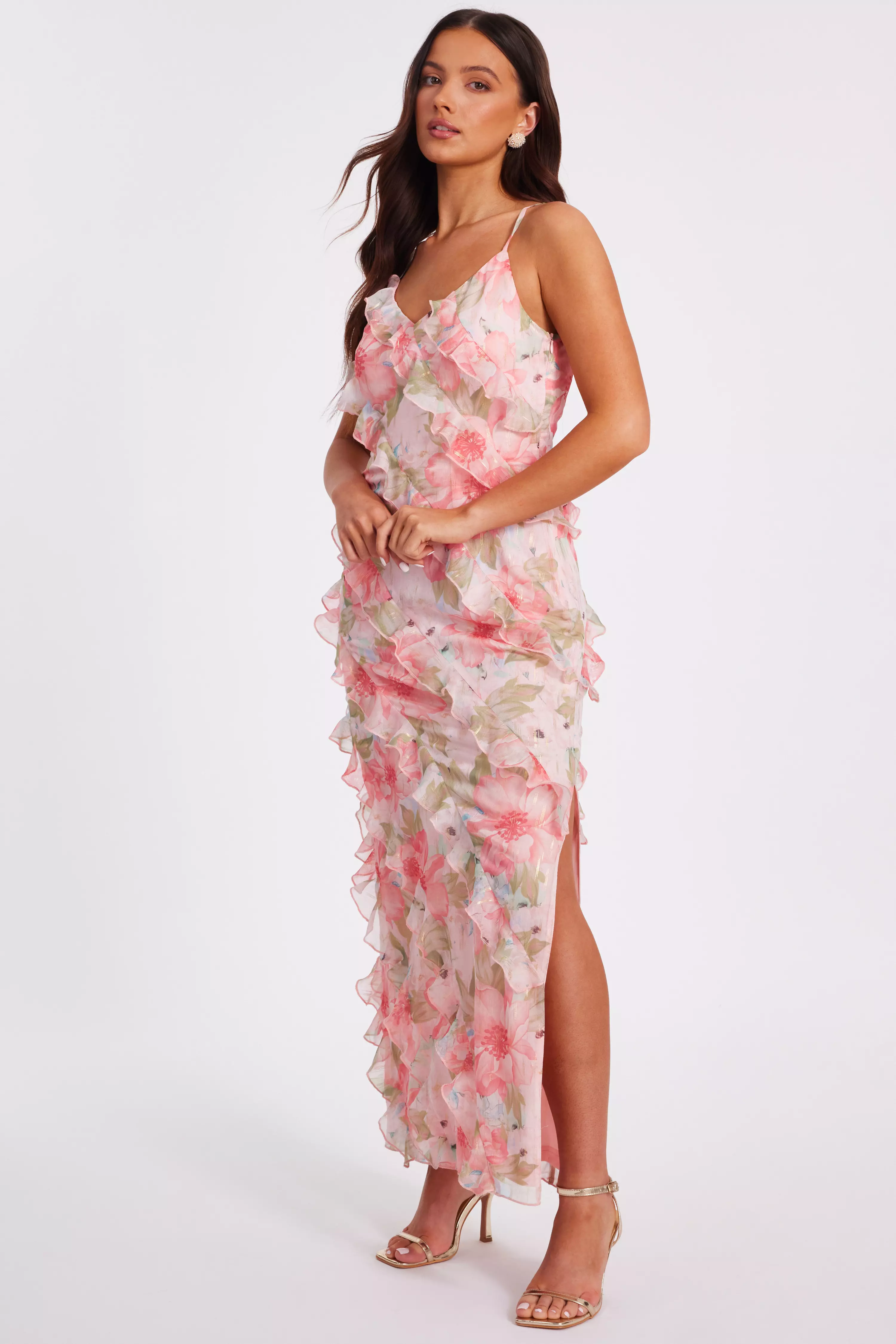 Petite Coral Chiffon Floral Maxi Dress