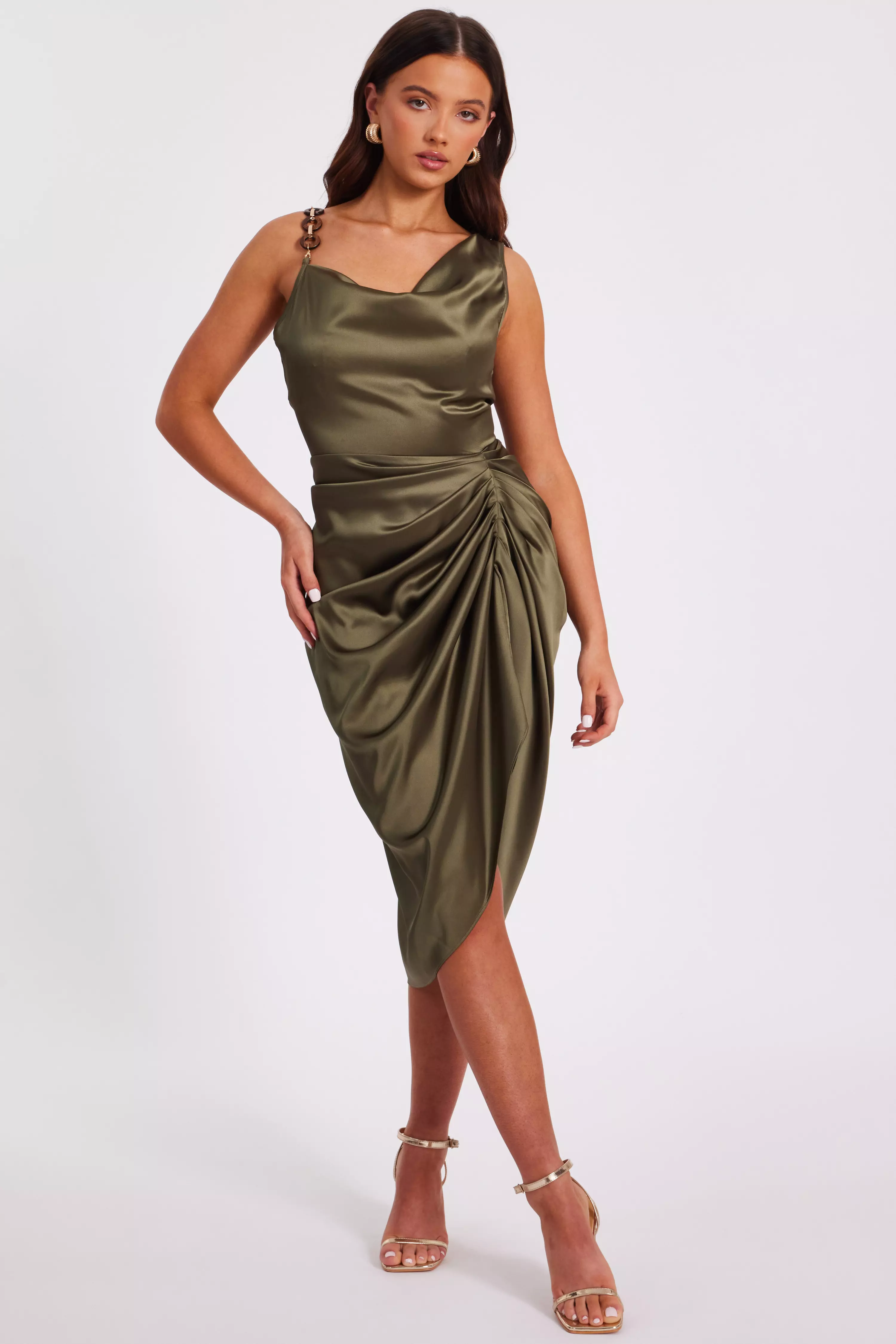 Petite Khaki Satin Ruched Midi Dress