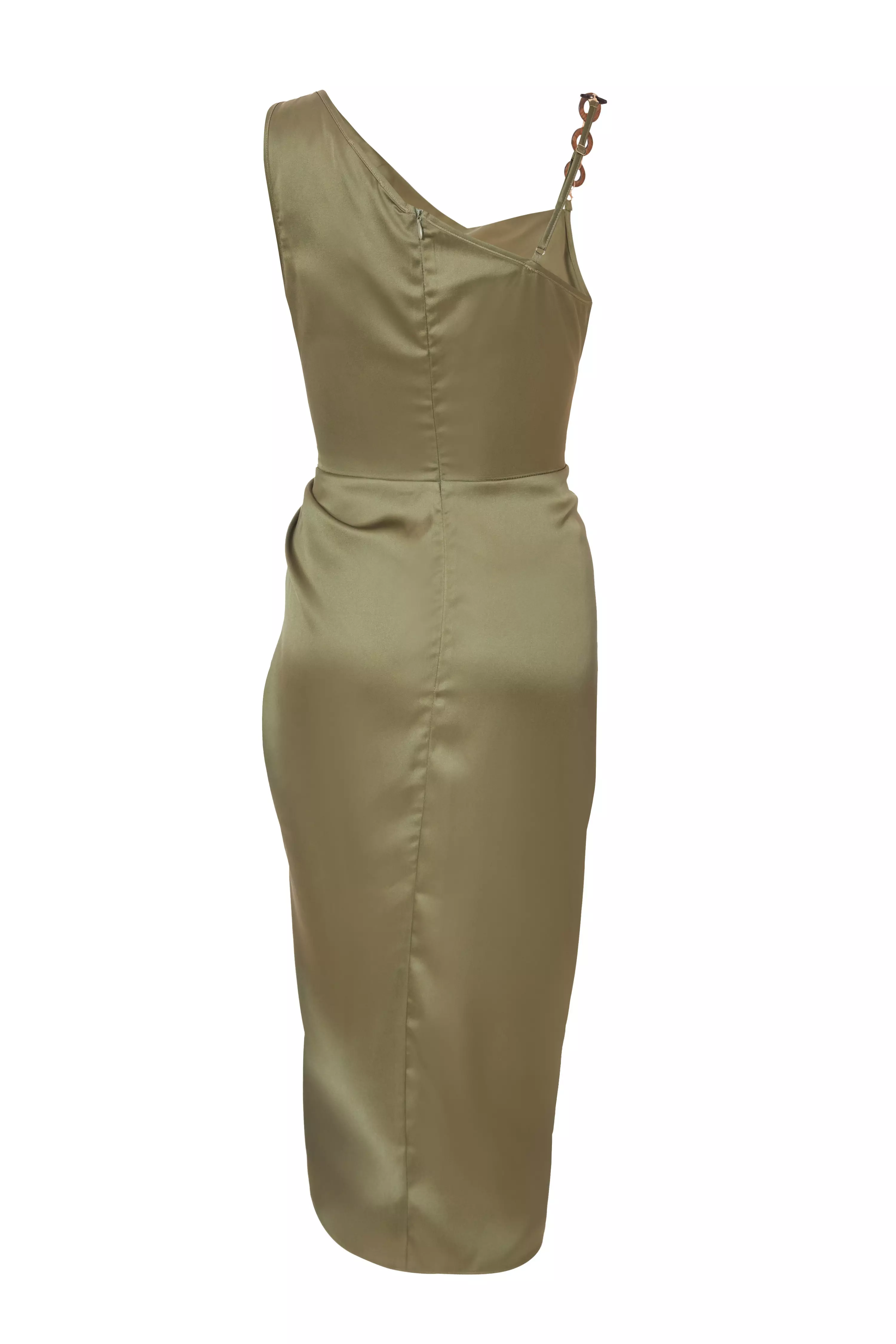 Petite Khaki Satin Ruched Midi Dress