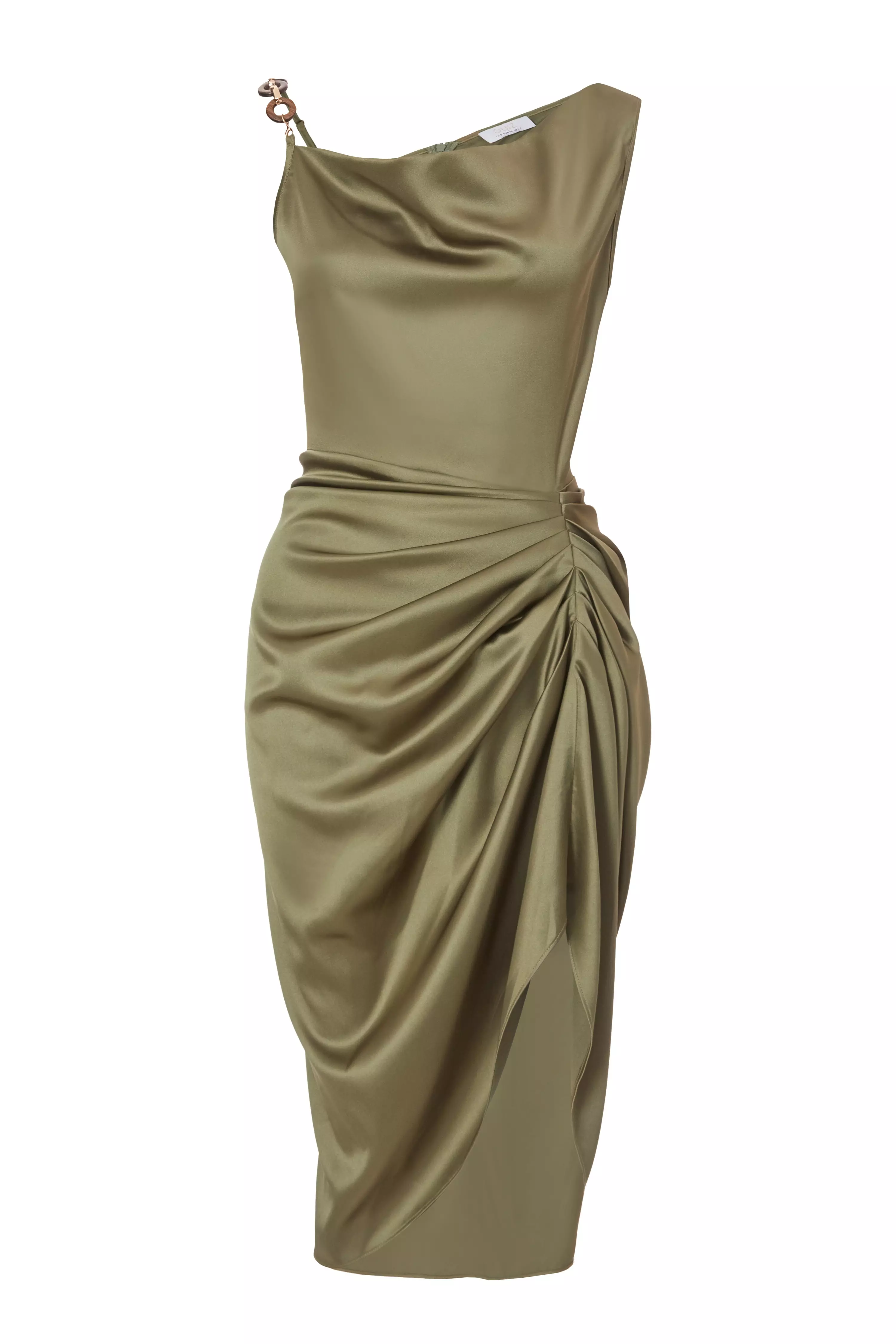 Petite Khaki Satin Ruched Midi Dress