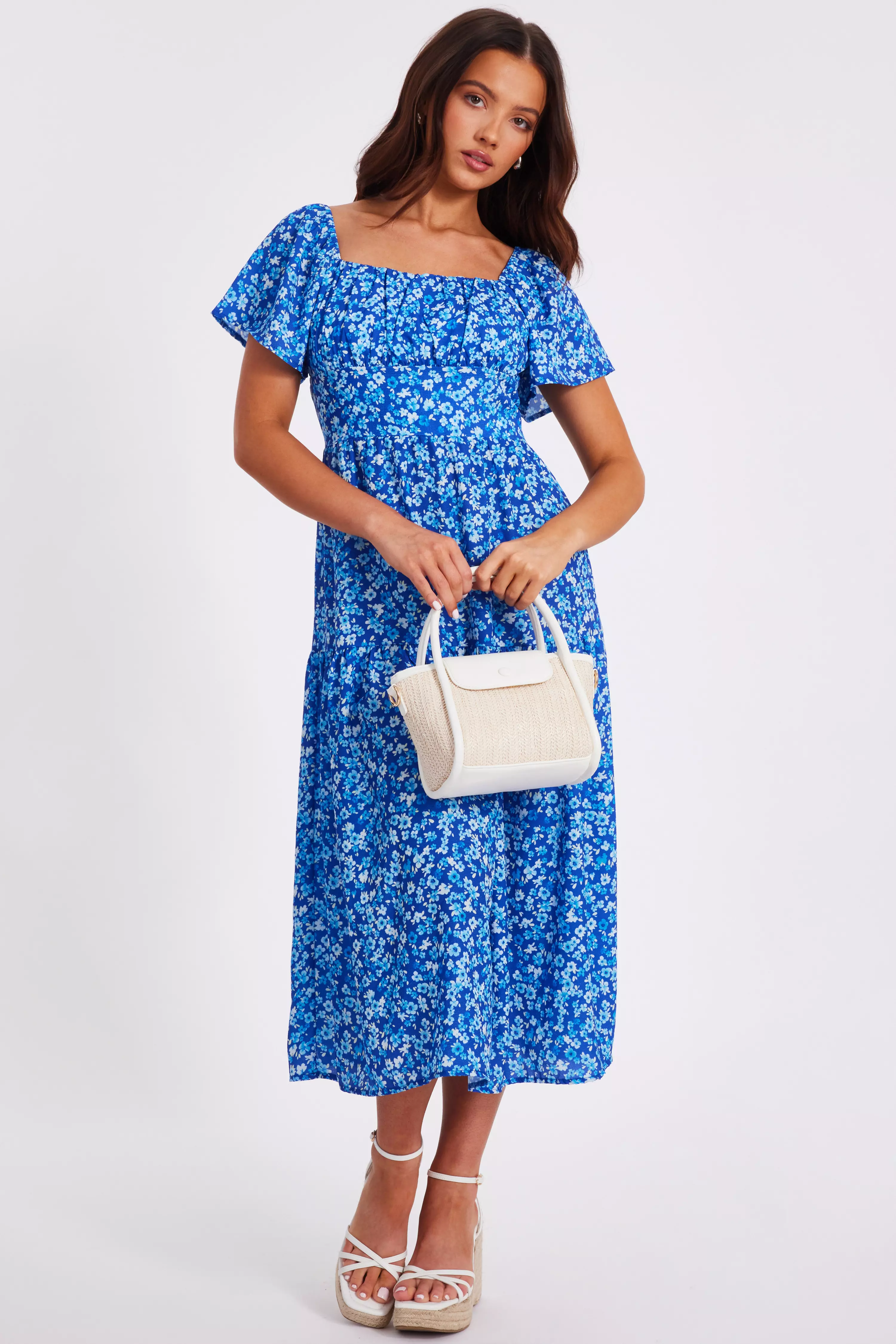 Petite Blue Floral Print Midi Dress