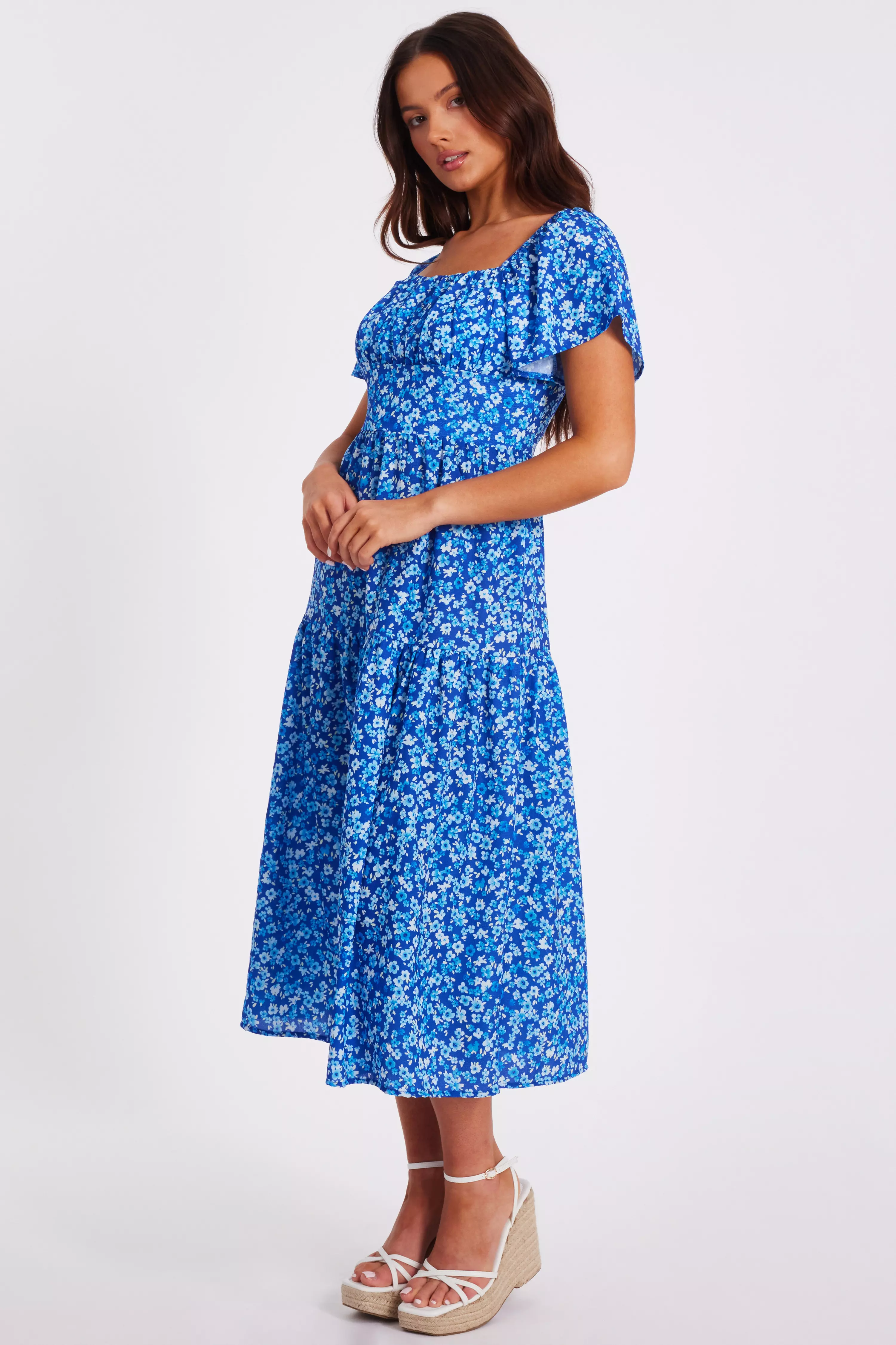 Petite Blue Floral Print Midi Dress