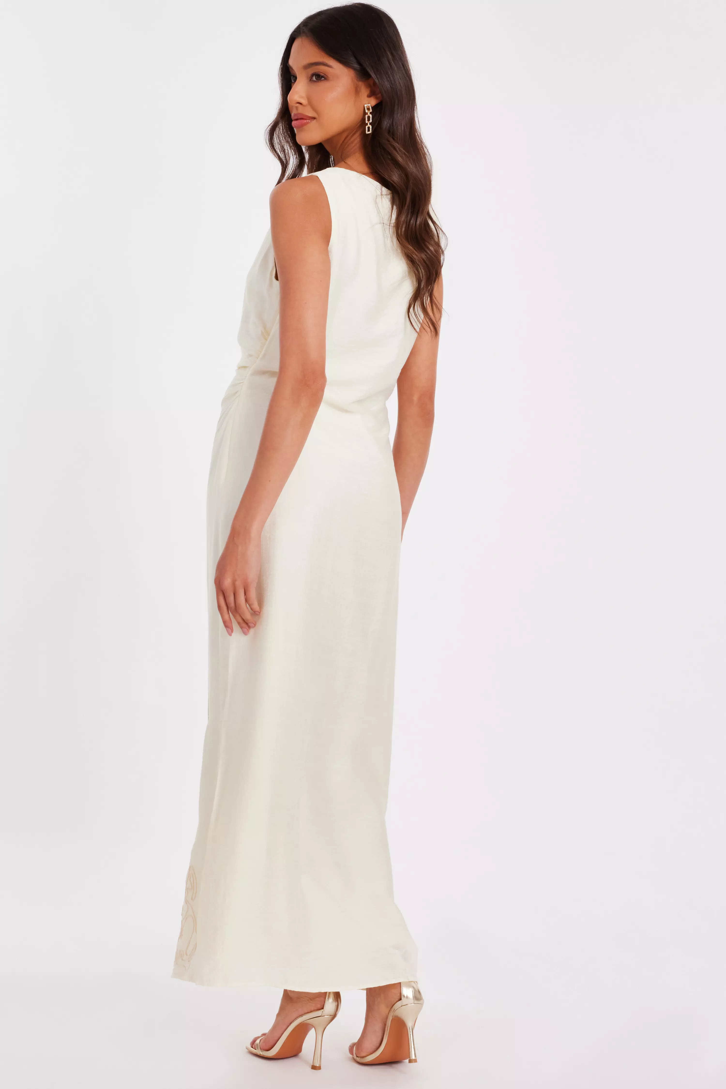 Cream Linen Embroidered Midaxi Dress