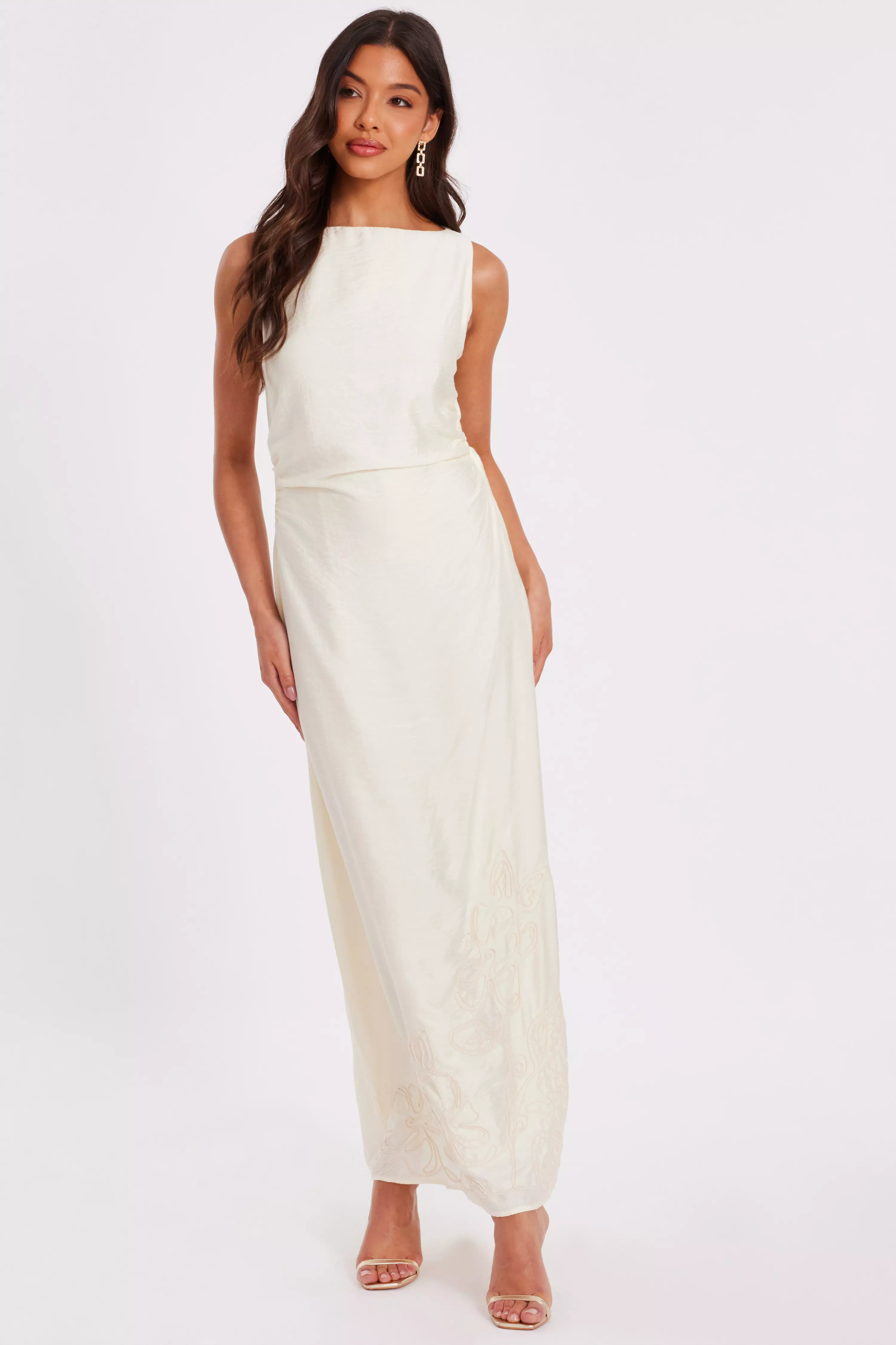 Cream Linen Embroidered Midaxi Dress