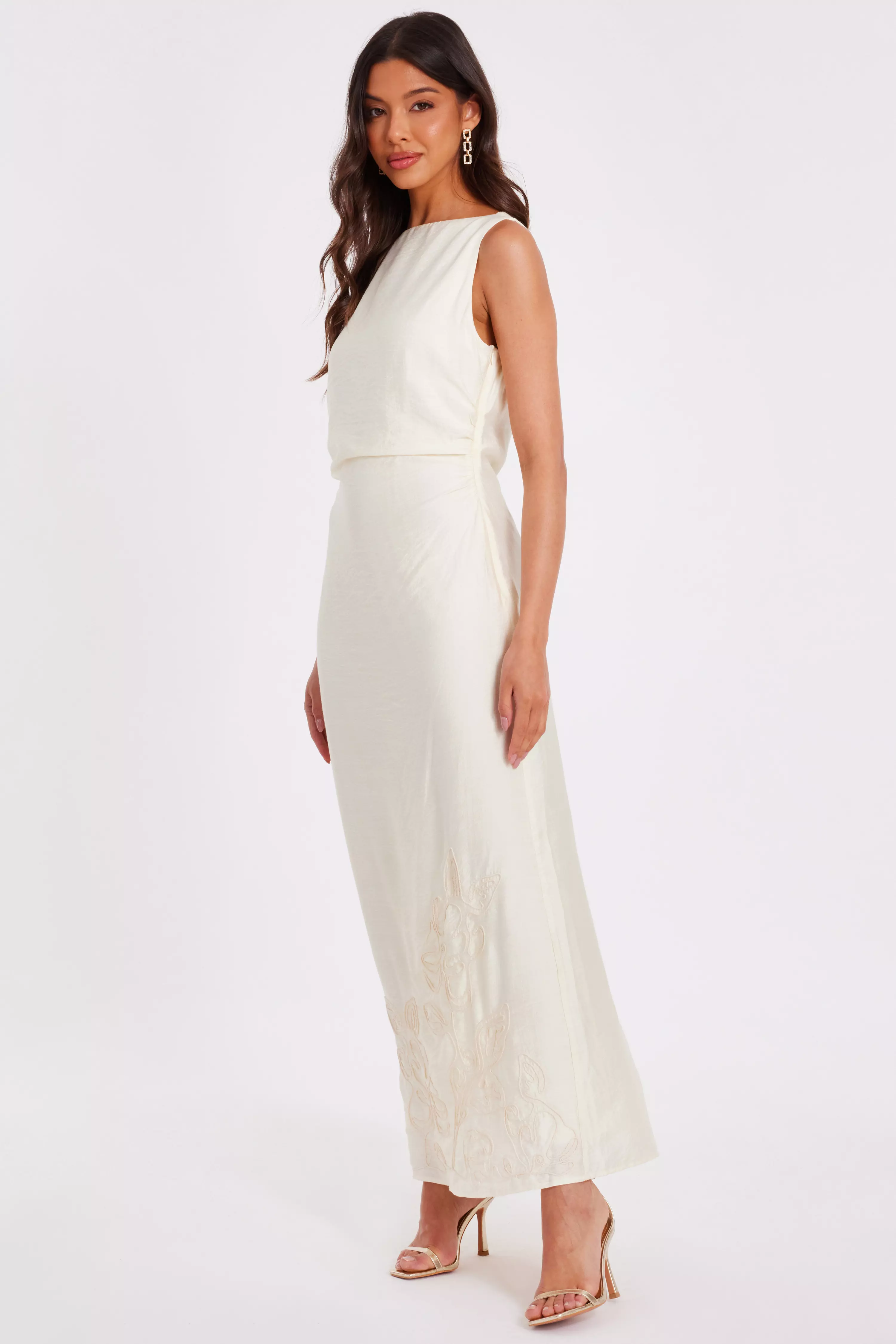 Cream Linen Embroidered Midaxi Dress