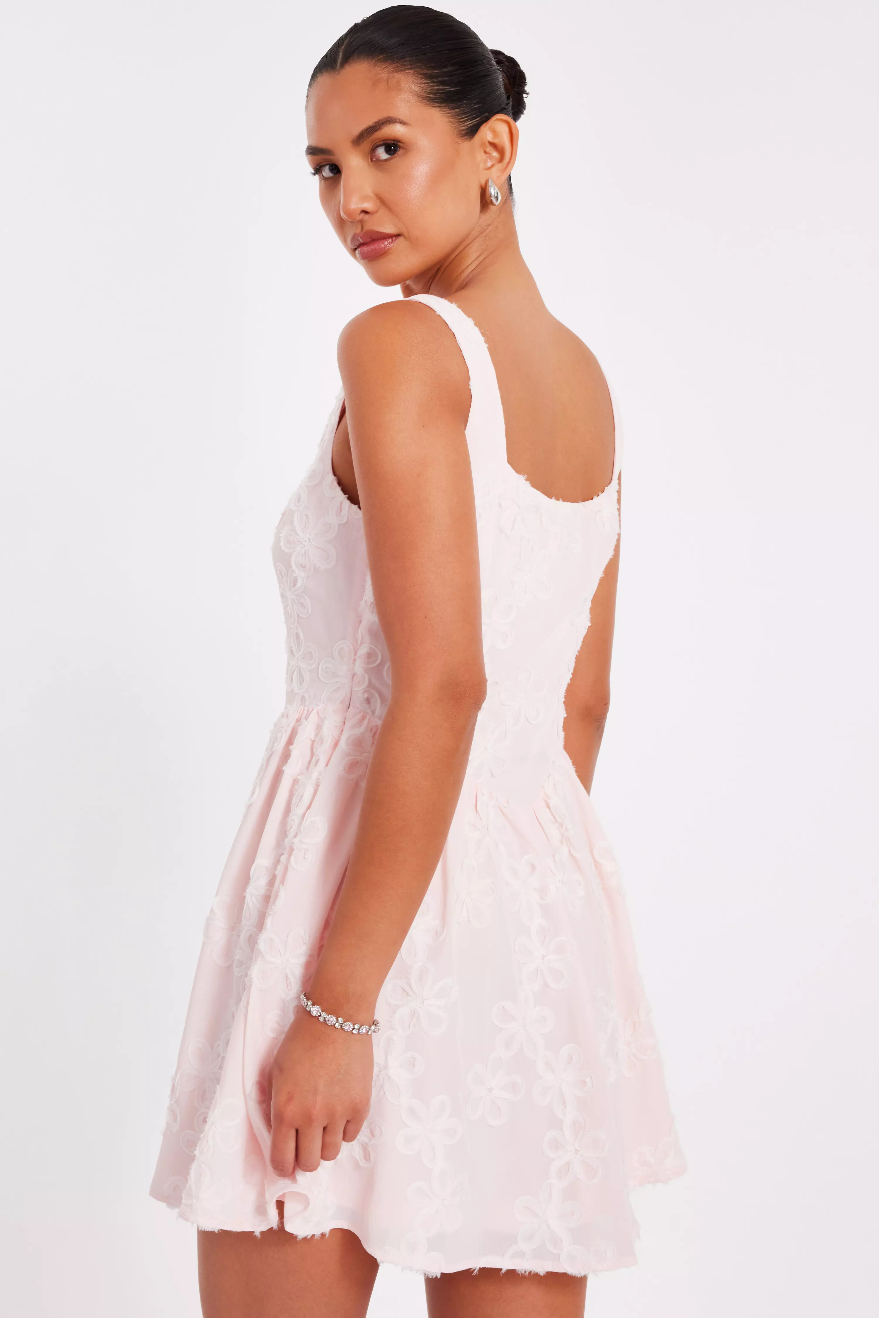 Pale Pink Chiffon Flower Skater Dress