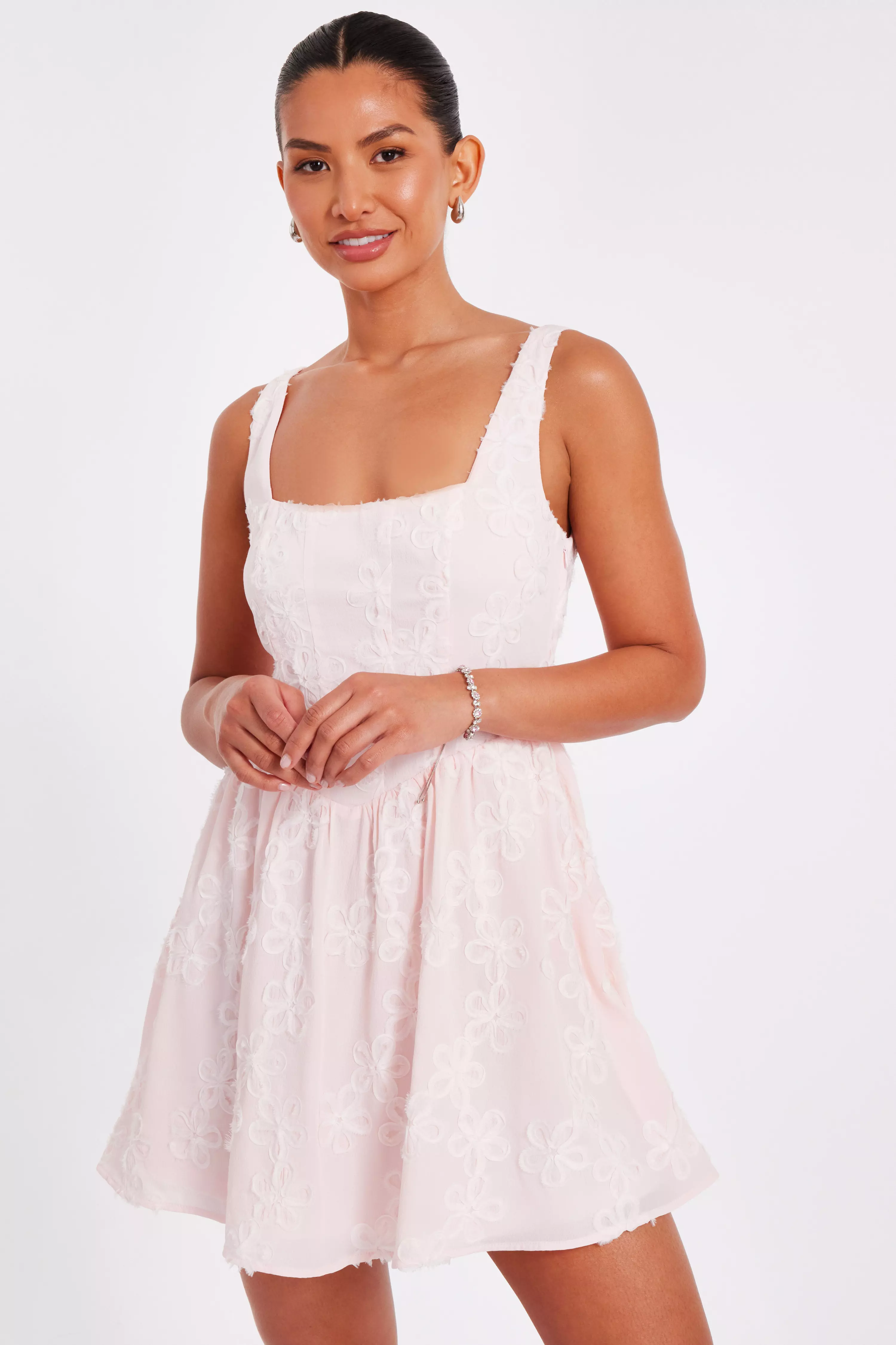 Pale Pink Chiffon Flower Skater Dress