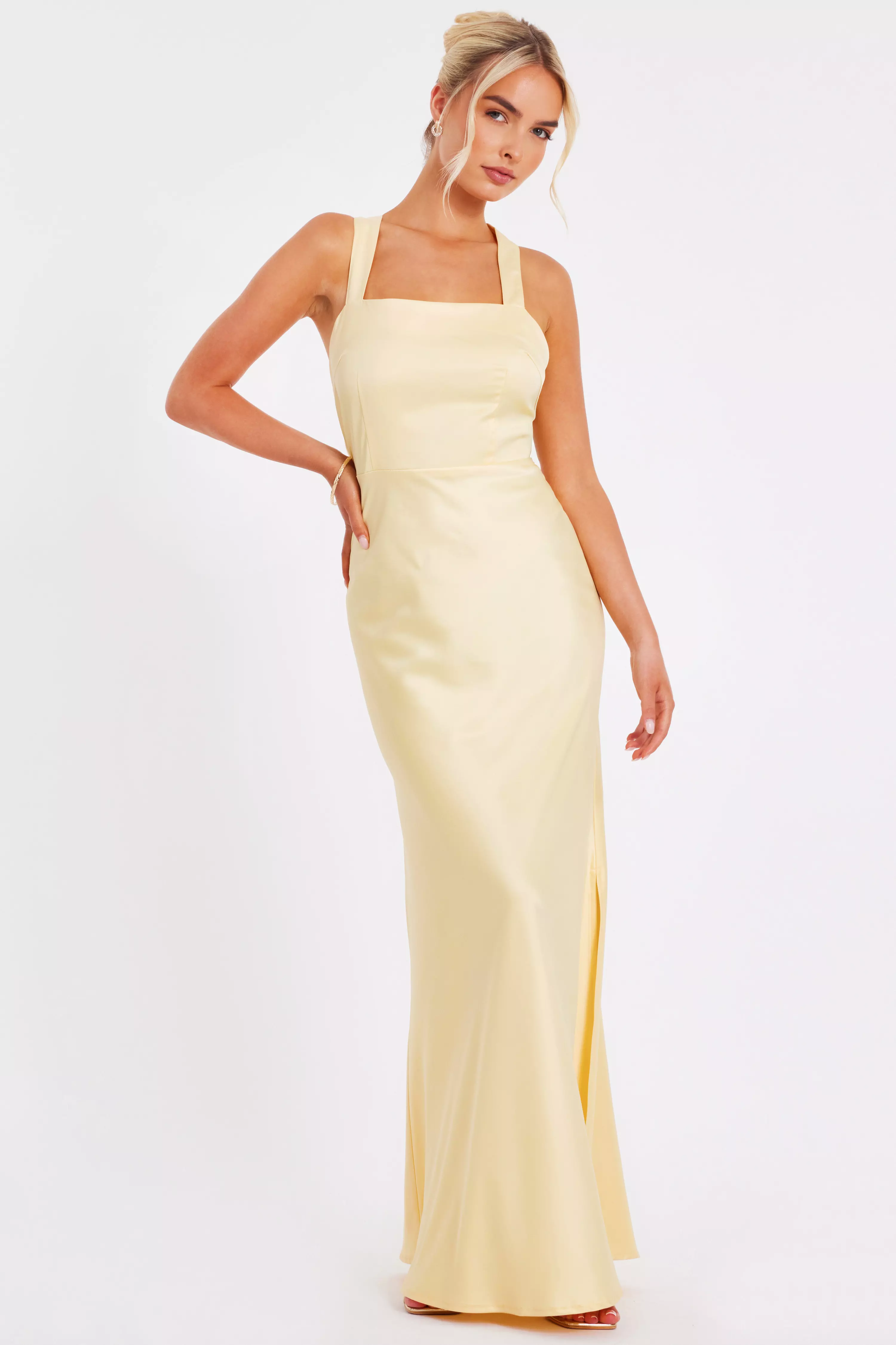 Light Yellow Satin Maxi Dress