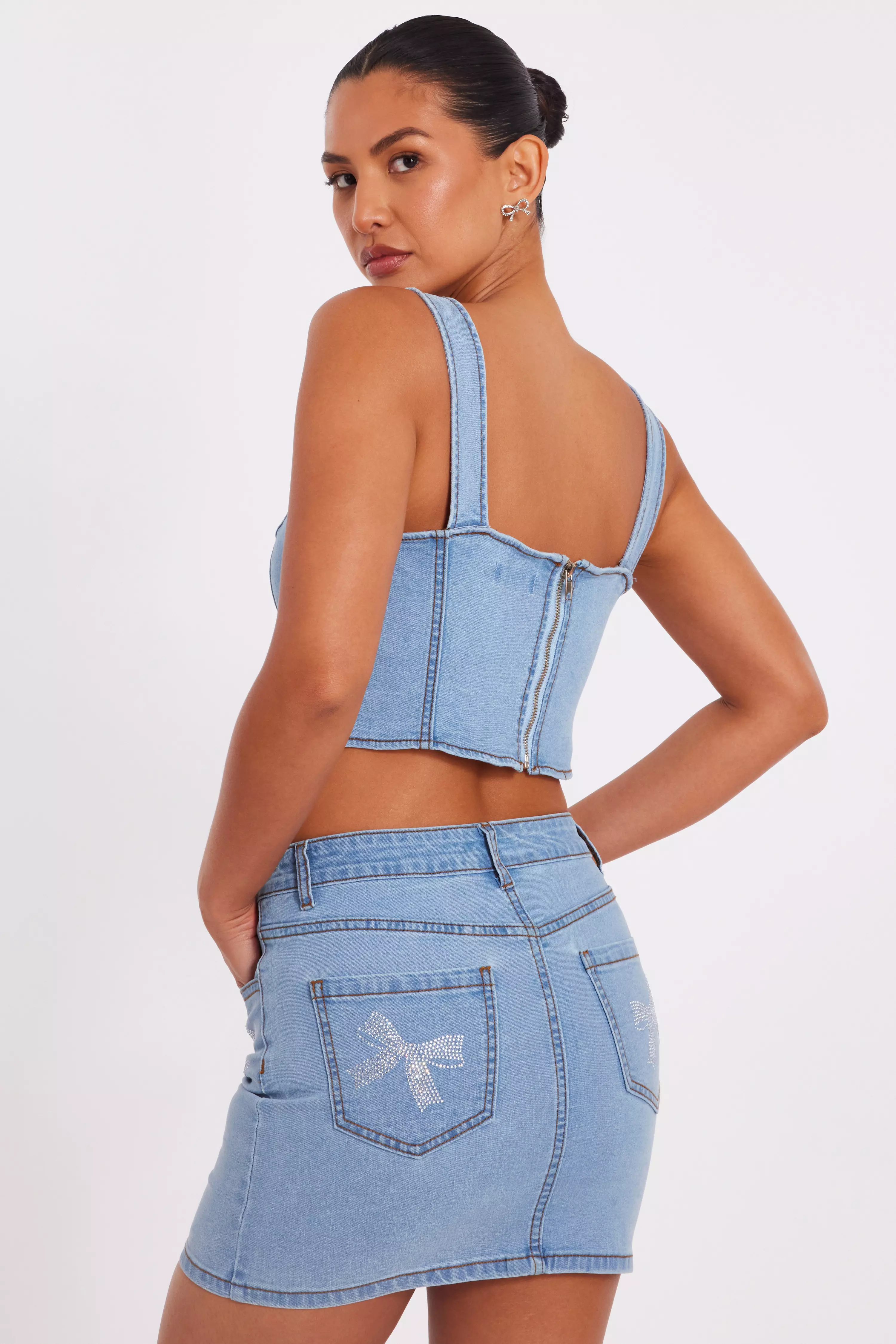 Denim Bow Embellished Skirt