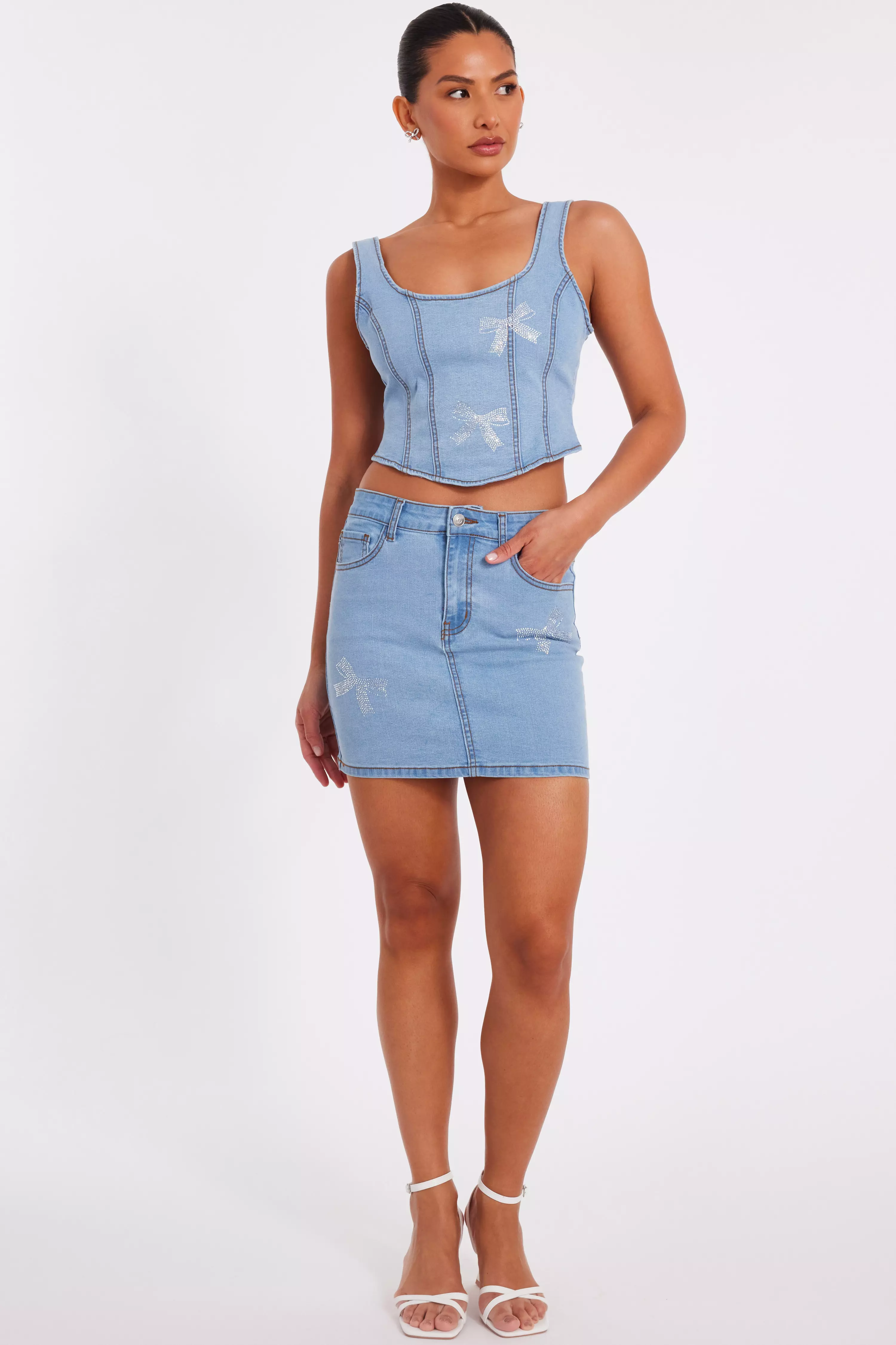 Denim Bow Embellished Skirt