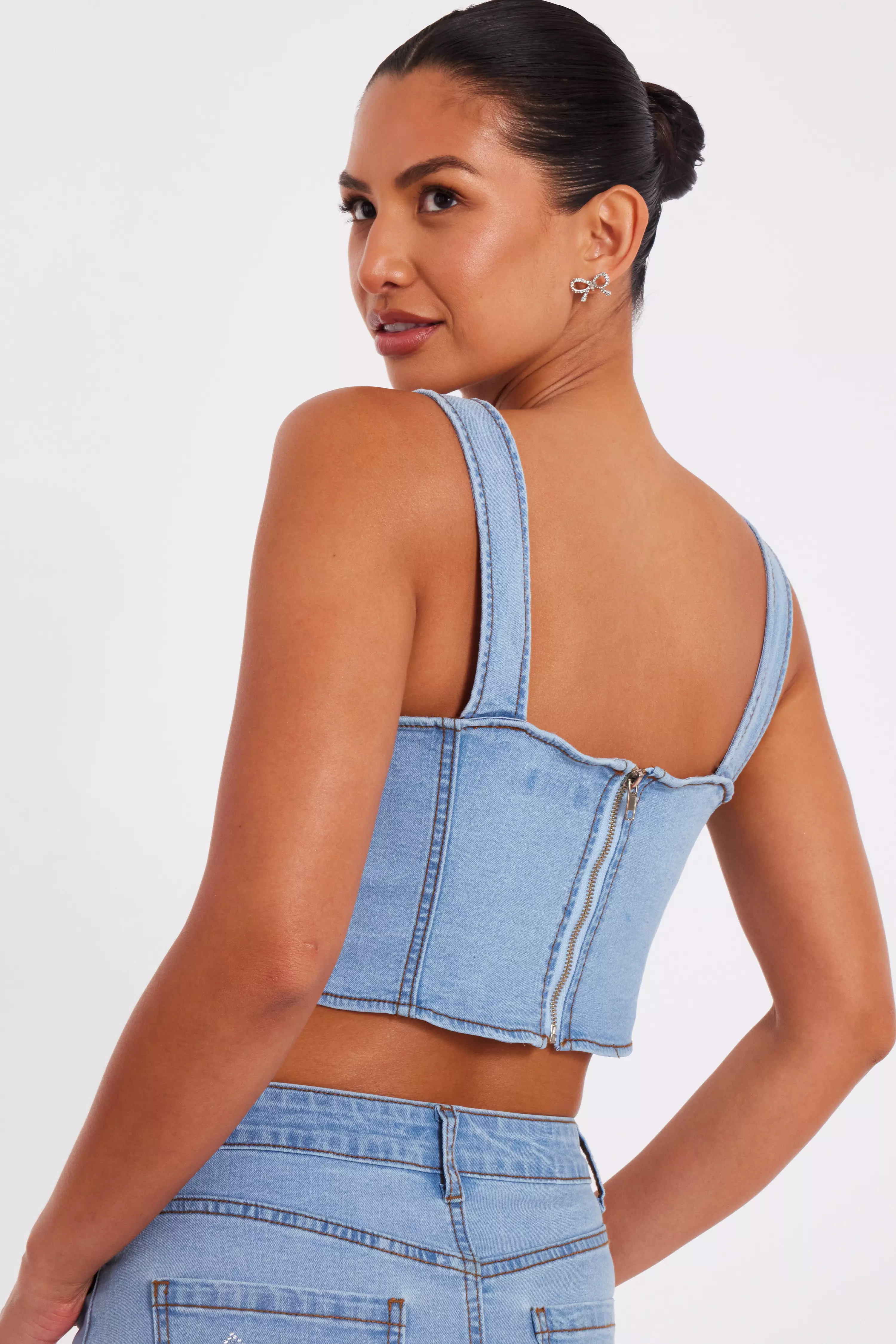 Denim Bow Embellished Crop Top