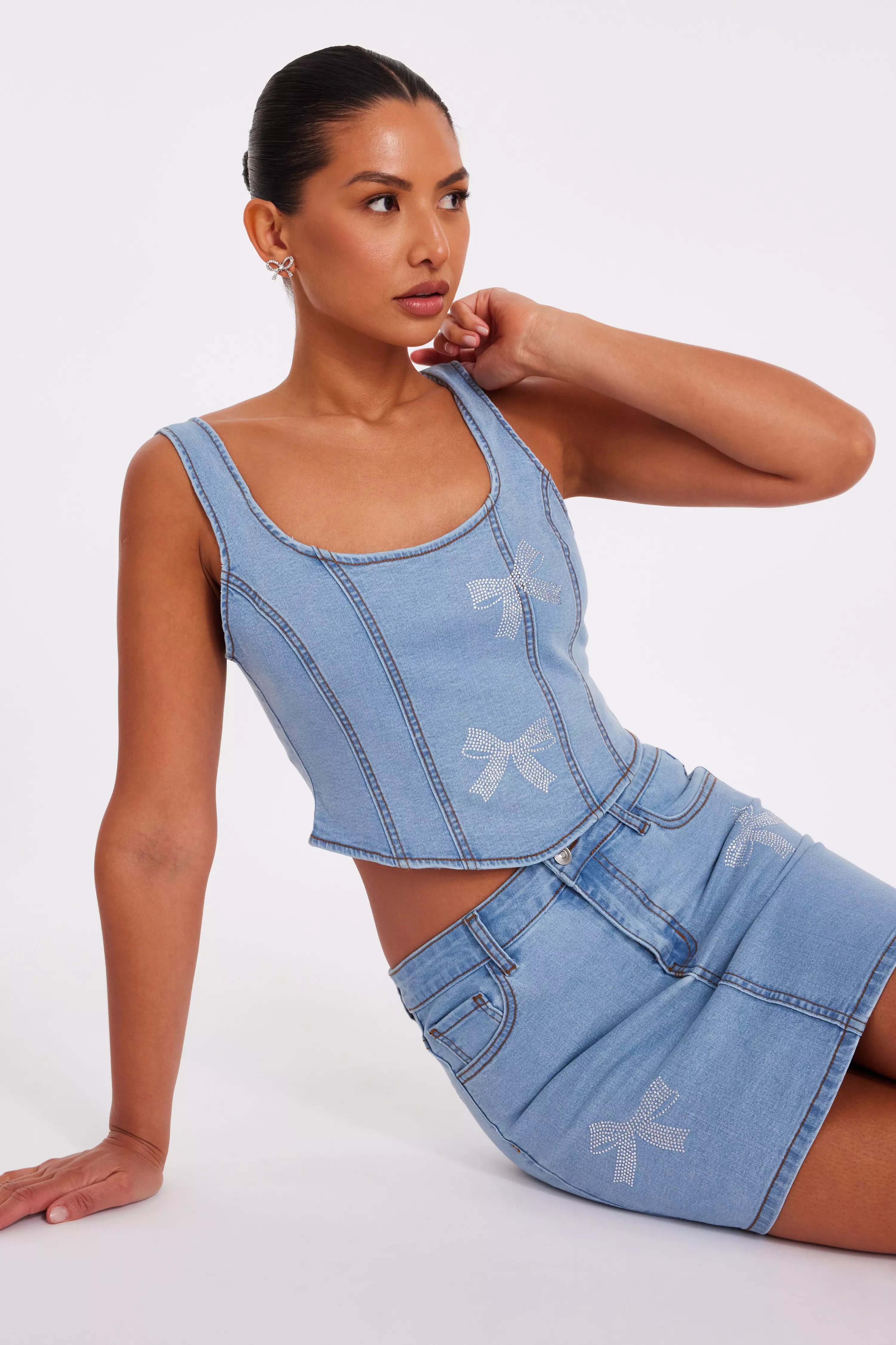 Denim Bow Embellished Crop Top