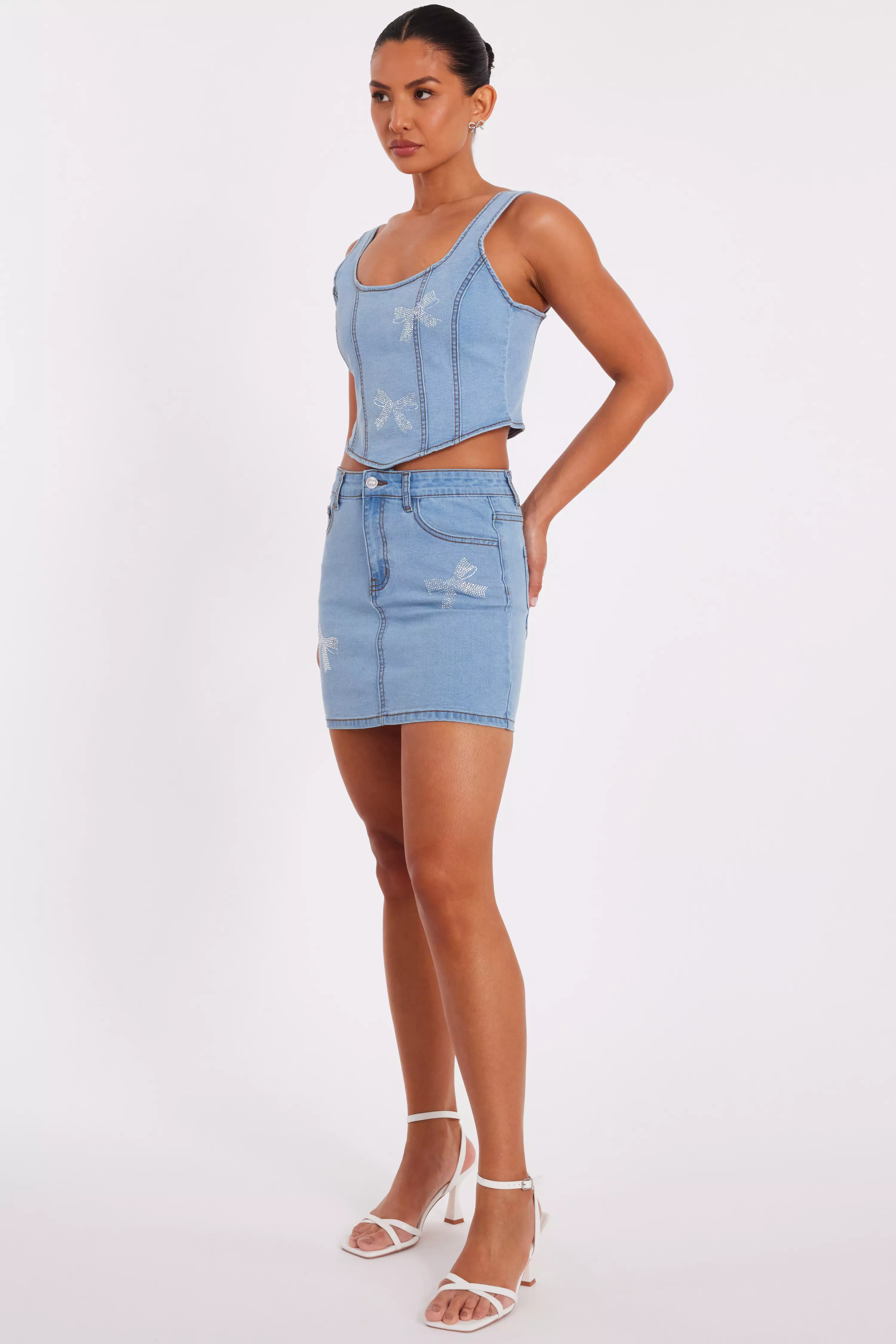 Denim Bow Embellished Crop Top