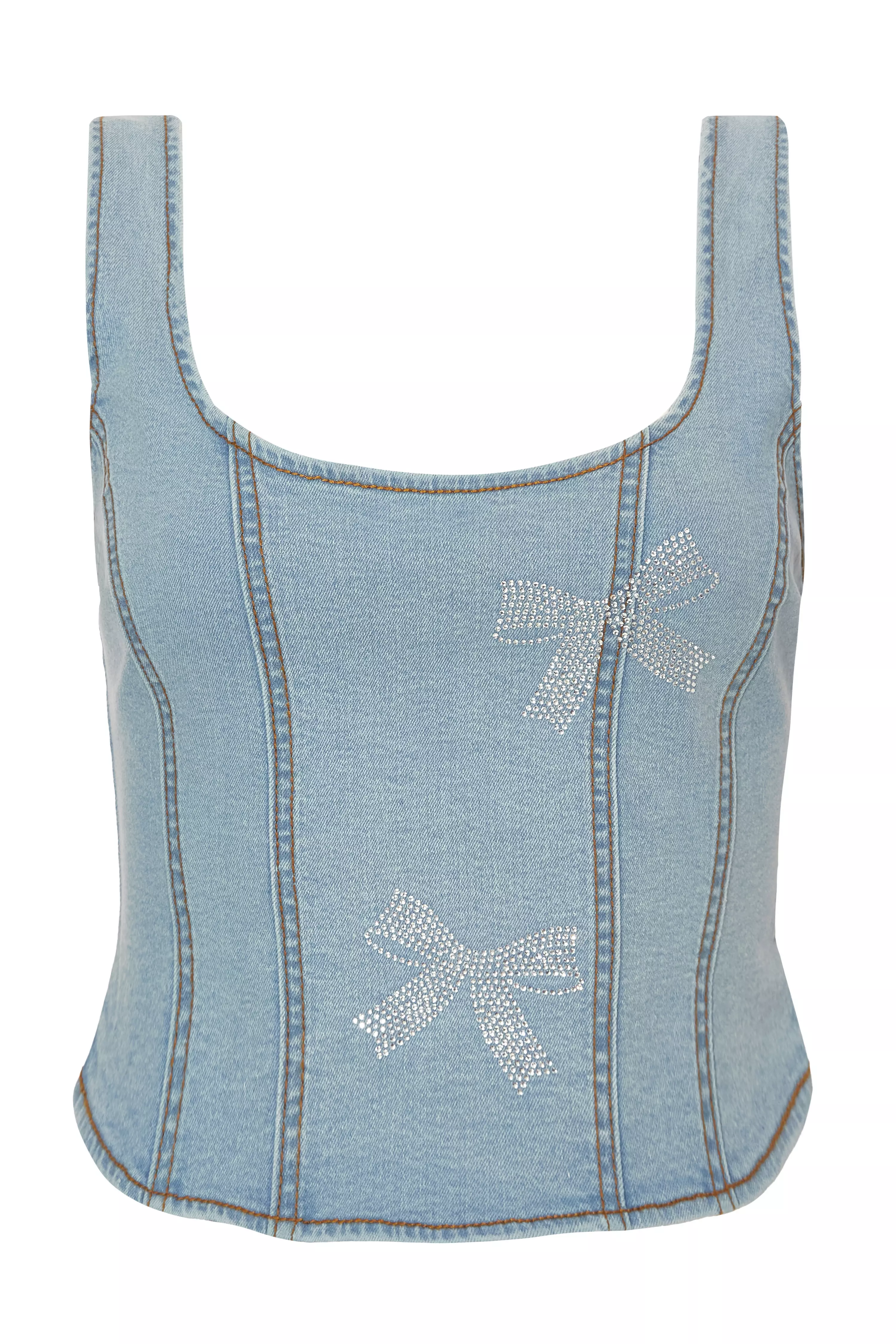 Denim Bow Embellished Crop Top